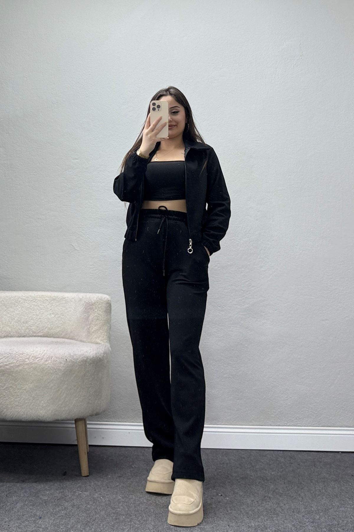 Likralı İthal Krep İkili Takım Siyah - 42070.1837.