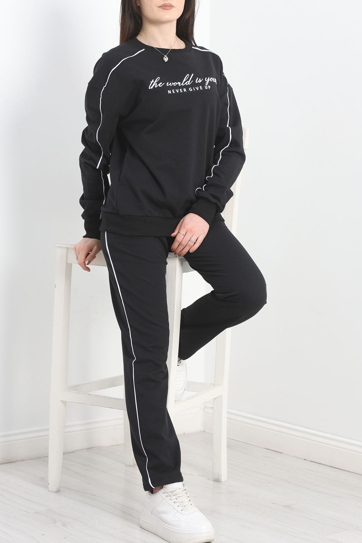 Baskılı Biyeli Eşofman Takımı Siyahbeyaz - 20075.1857.