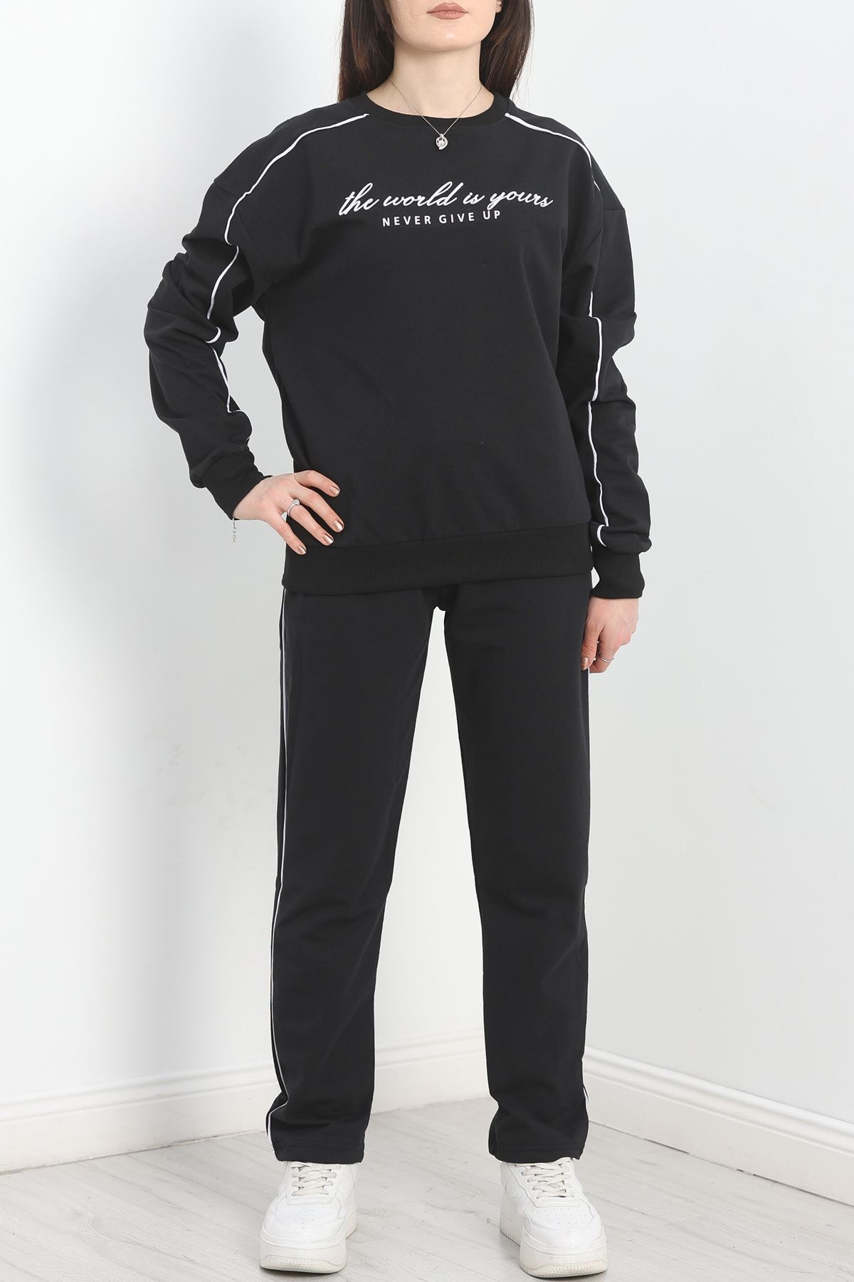 Baskılı Biyeli Eşofman Takımı Siyahbeyaz - 20075.1857.