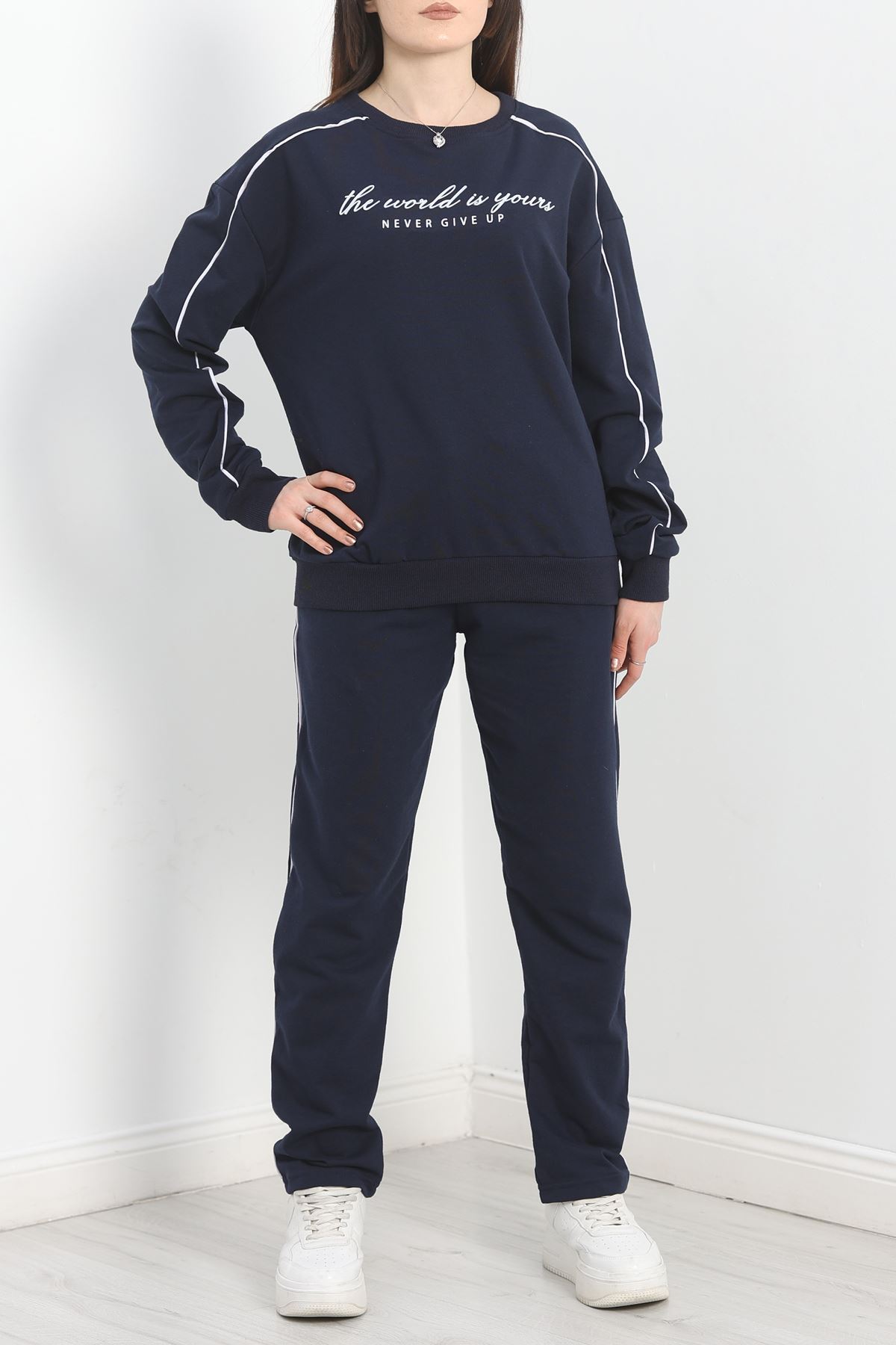 Baskılı Biyeli Eşofman Takımı Lacivertbeyaz - 20075.1857.