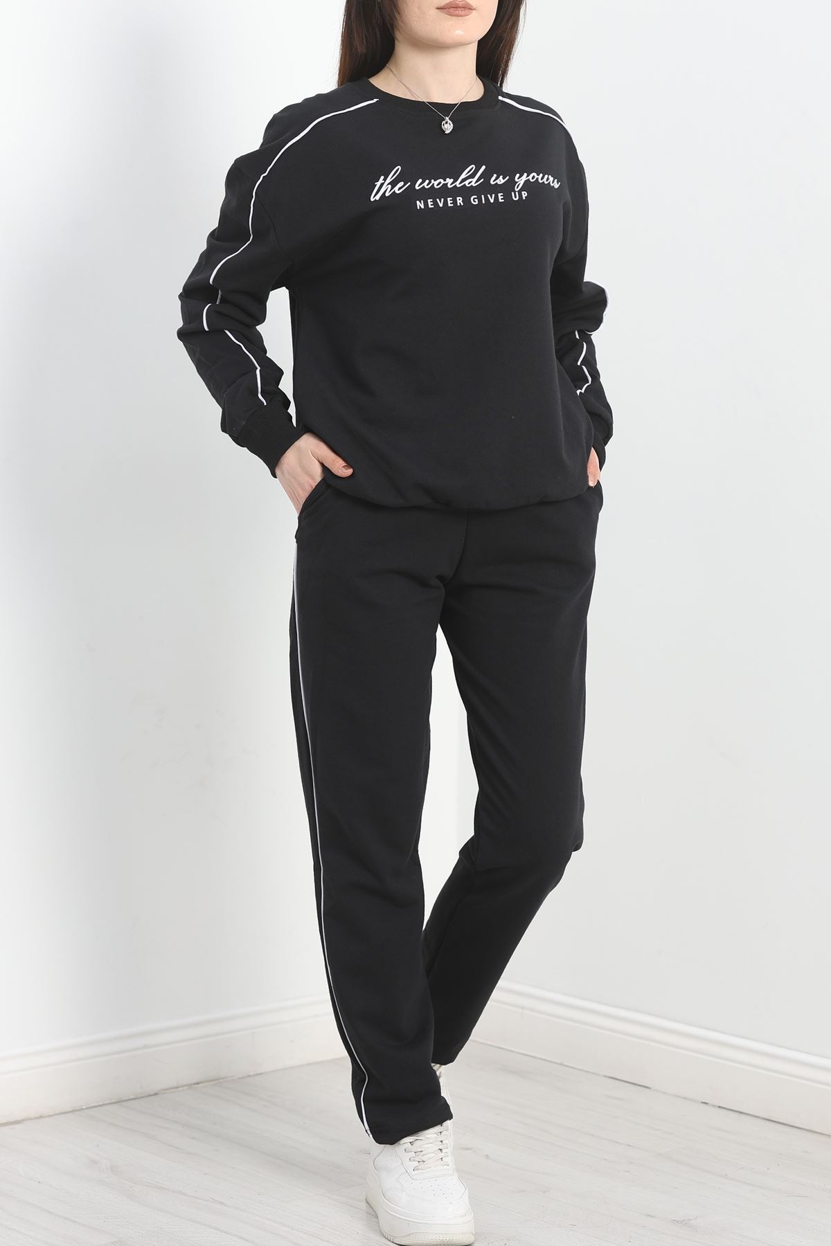 Baskılı Biyeli Eşofman Takımı Siyahbeyaz - 20075.1857.