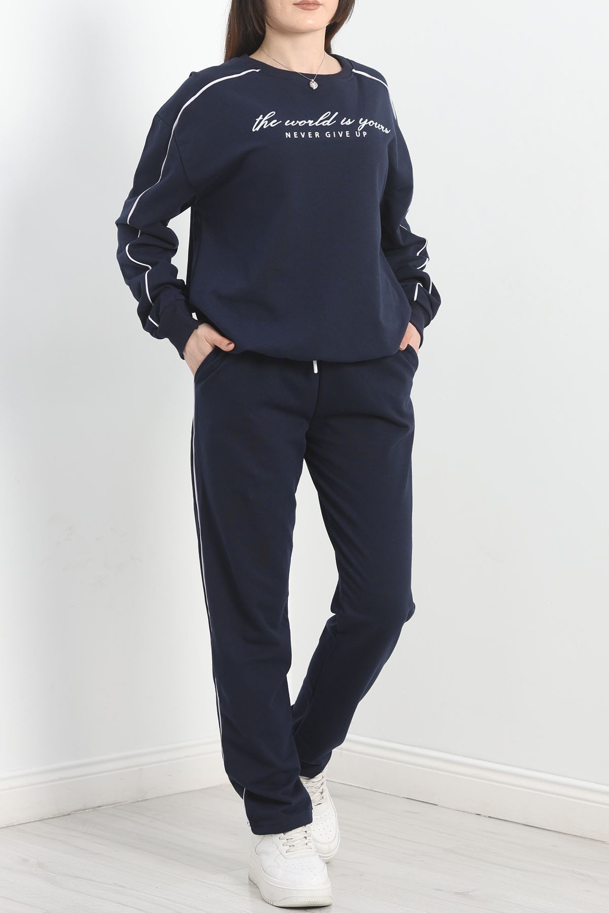 Baskılı Biyeli Eşofman Takımı Lacivertbeyaz - 20075.1857.