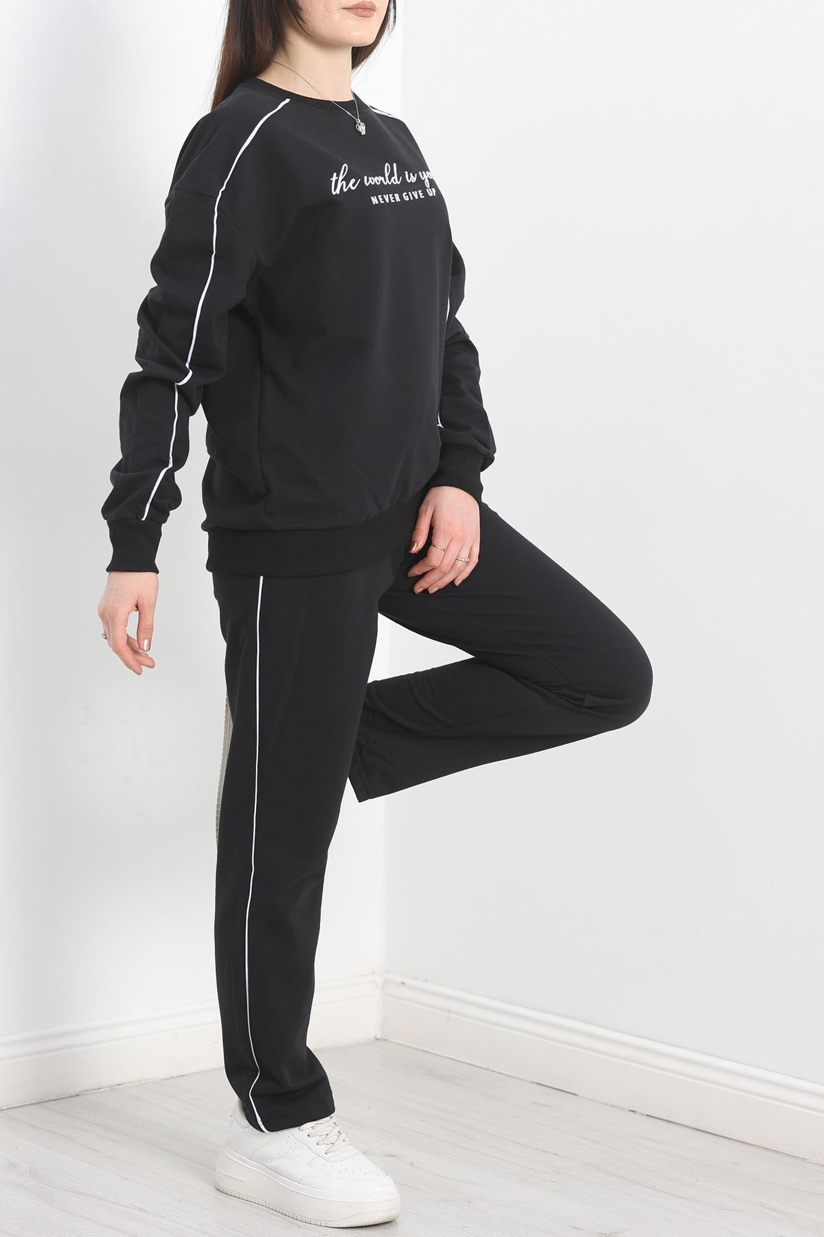 Baskılı Biyeli Eşofman Takımı Siyahbeyaz - 20075.1857.