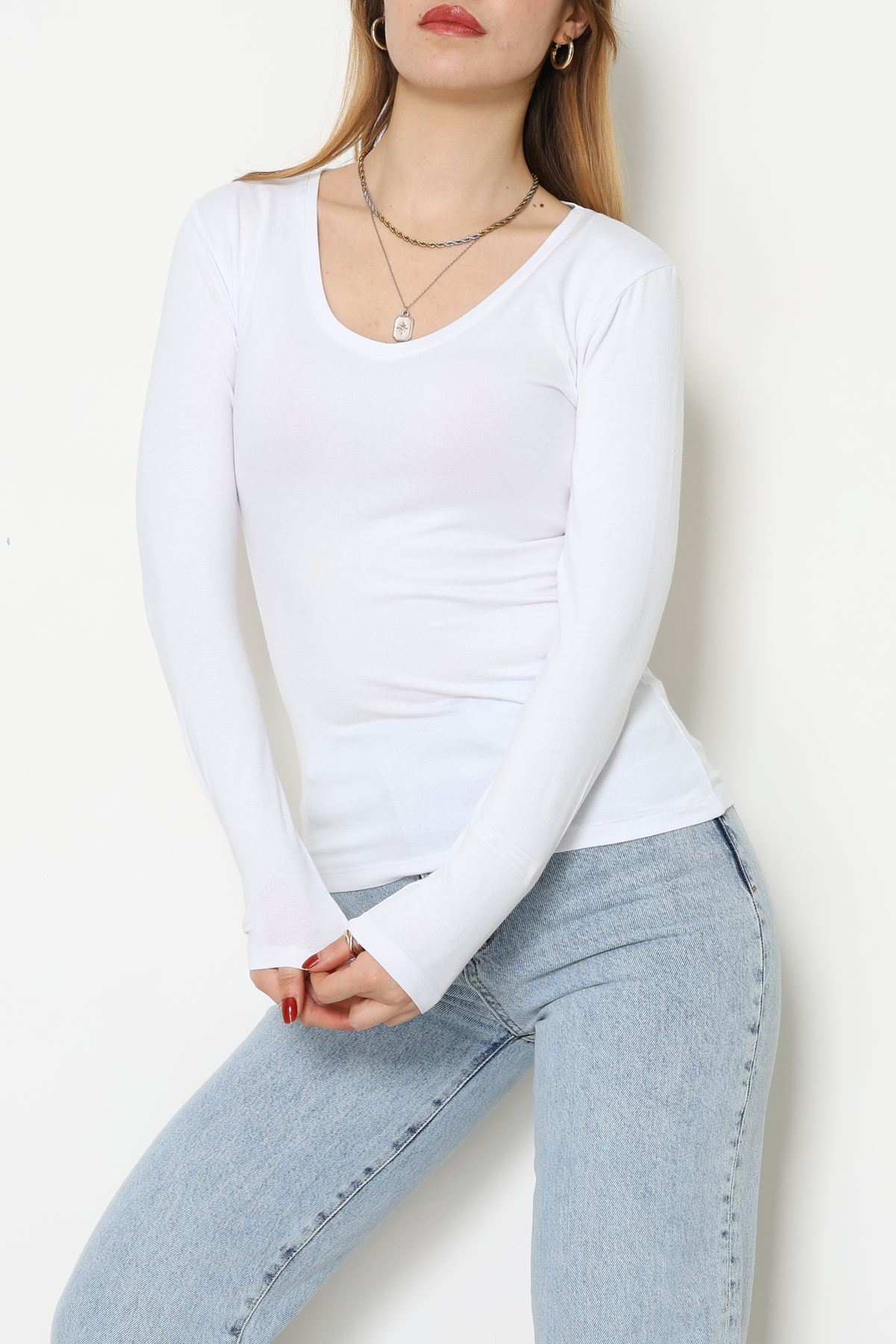 Viskon V Yaka Uzun Kollu Body Beyaz - 4000.2127.