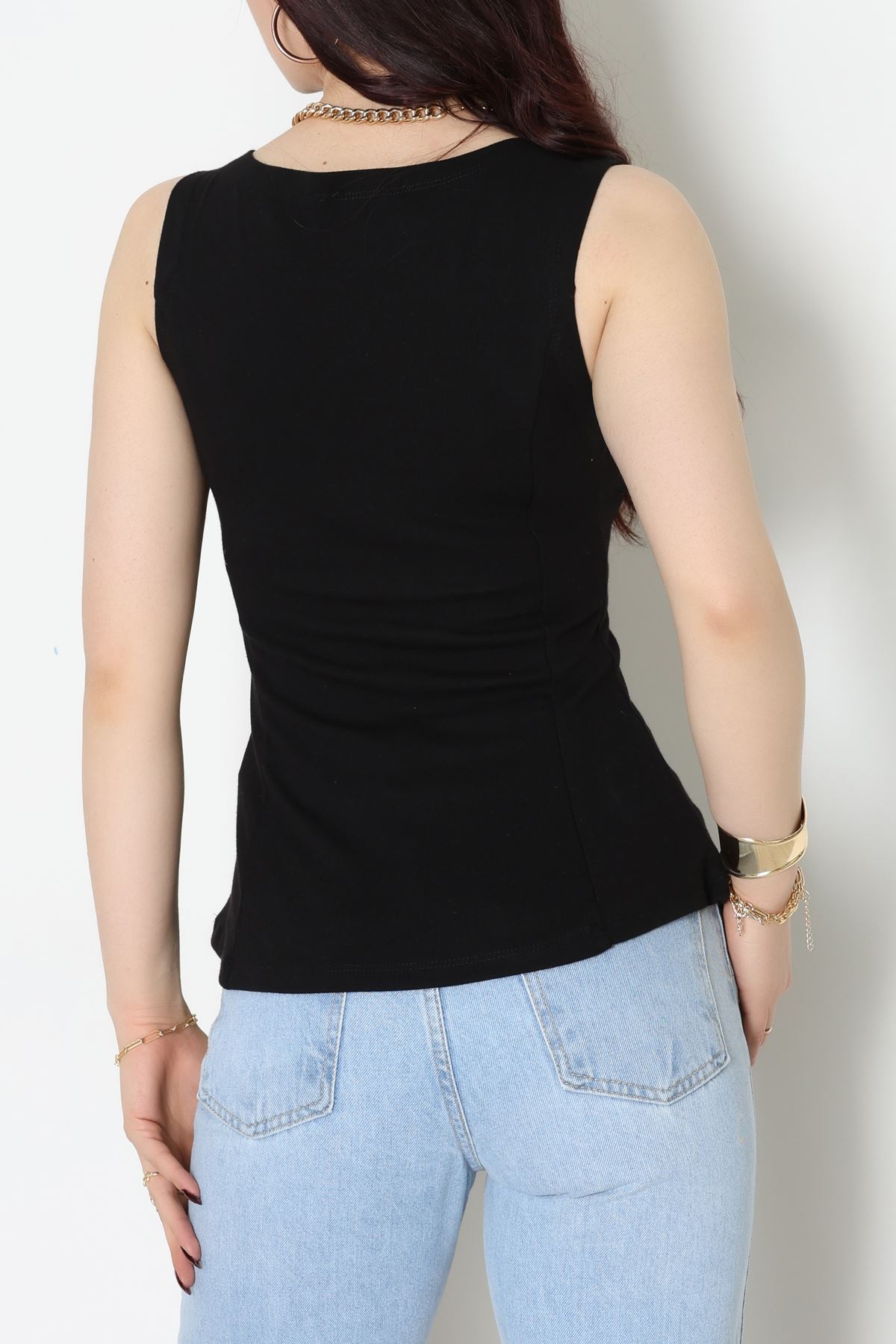 Volanlı Sıfır Kollu Ribana Bluz Siyah - 22070.200.