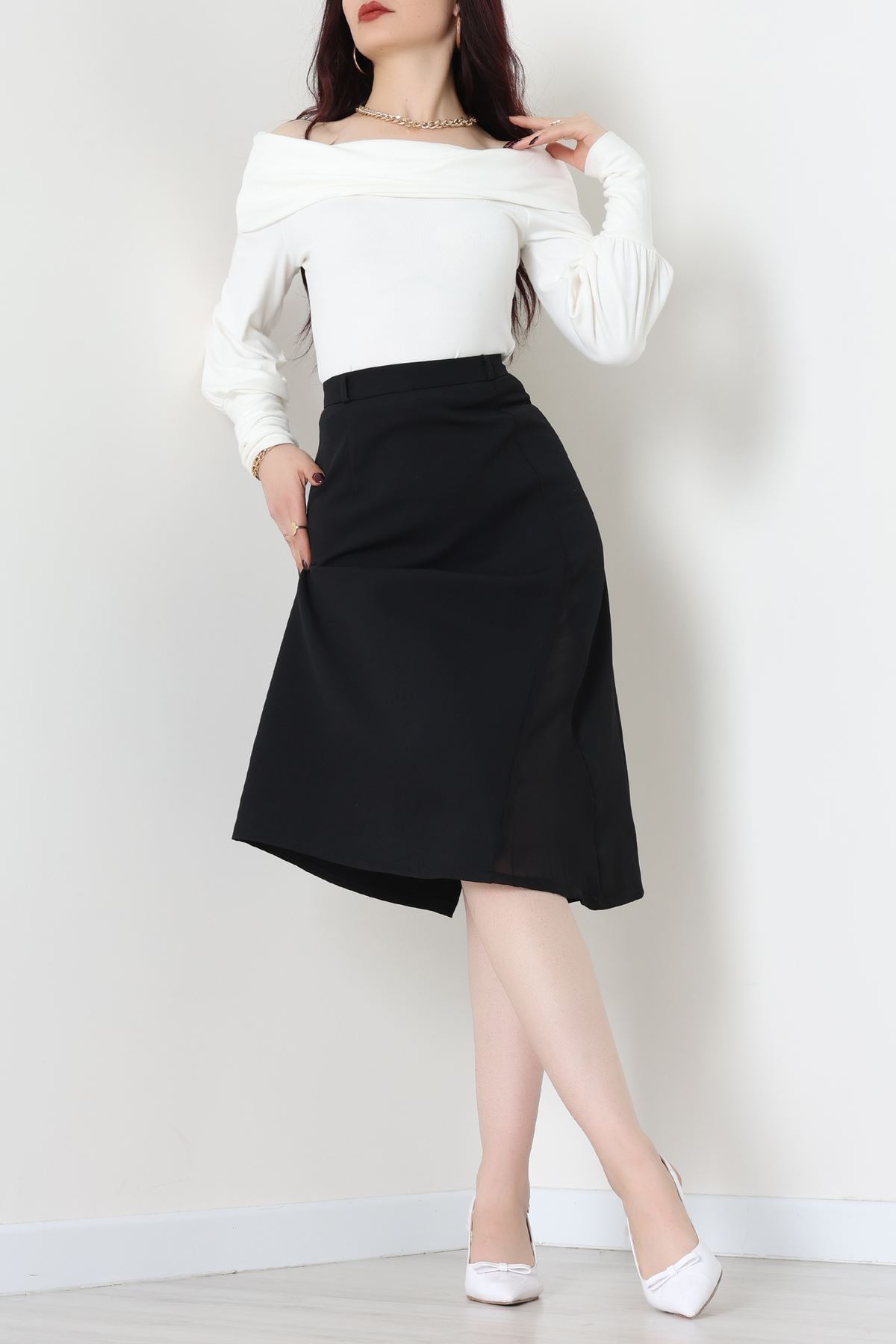 Dabıl Kumaş Tül Yırtmaçlı Etek Siyah - 51260.1991.