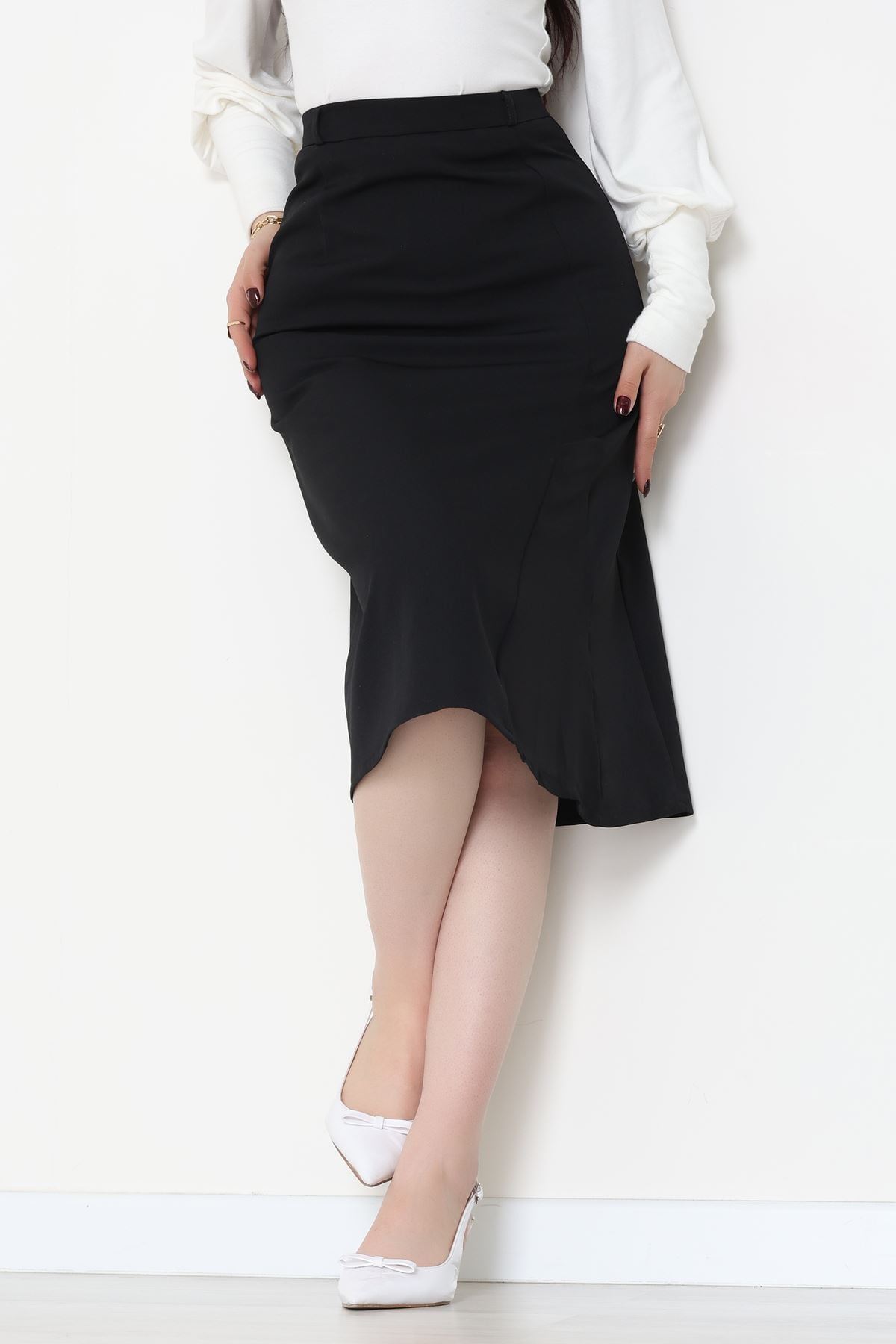 Dabıl Kumaş Tül Yırtmaçlı Etek Siyah - 51260.1991.