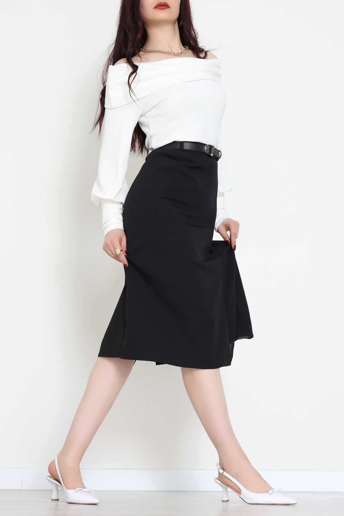 Dabıl Kumaş Tül Yırtmaçlı Etek Siyah - 51260.1991.