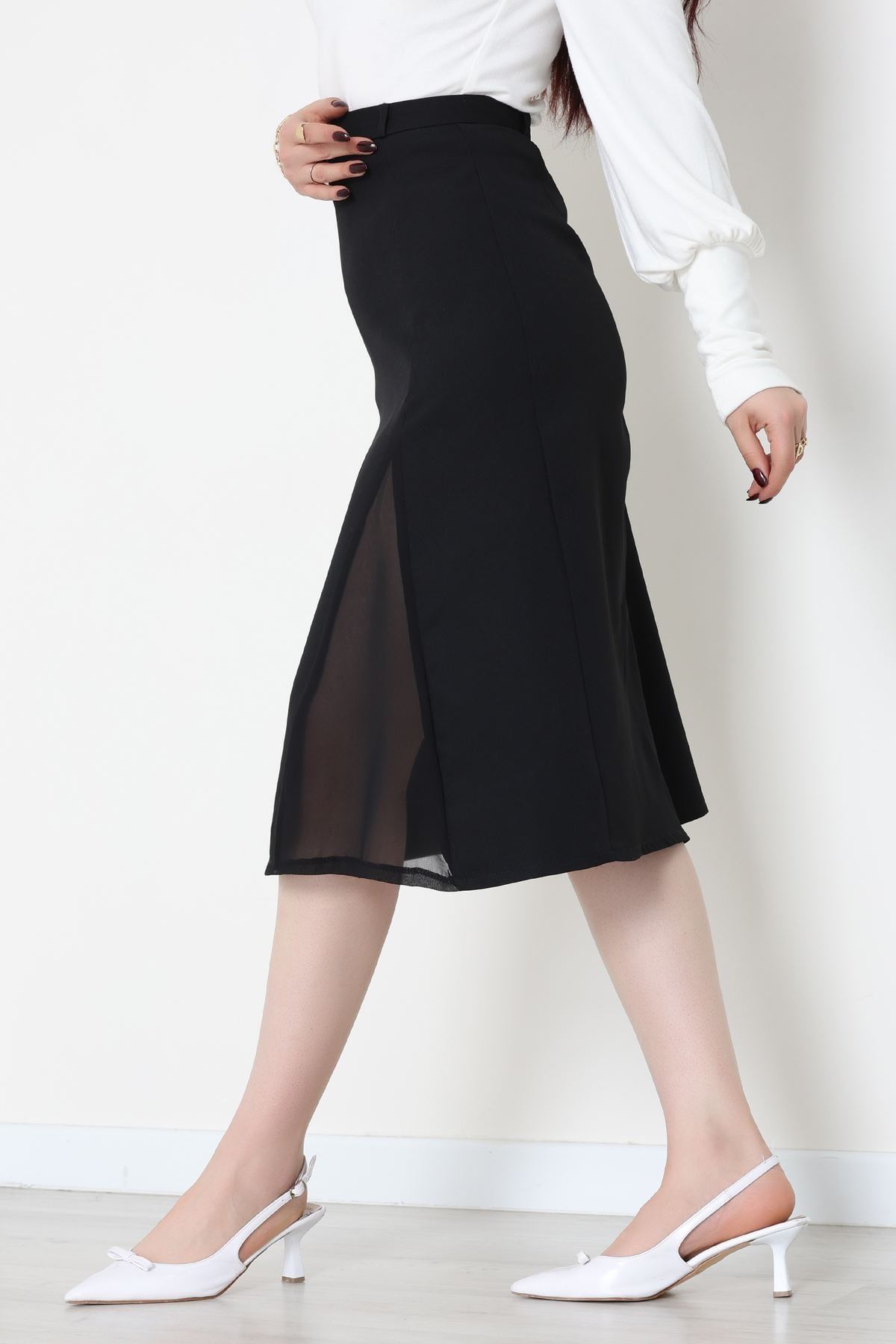 Dabıl Kumaş Tül Yırtmaçlı Etek Siyah - 51260.1991.