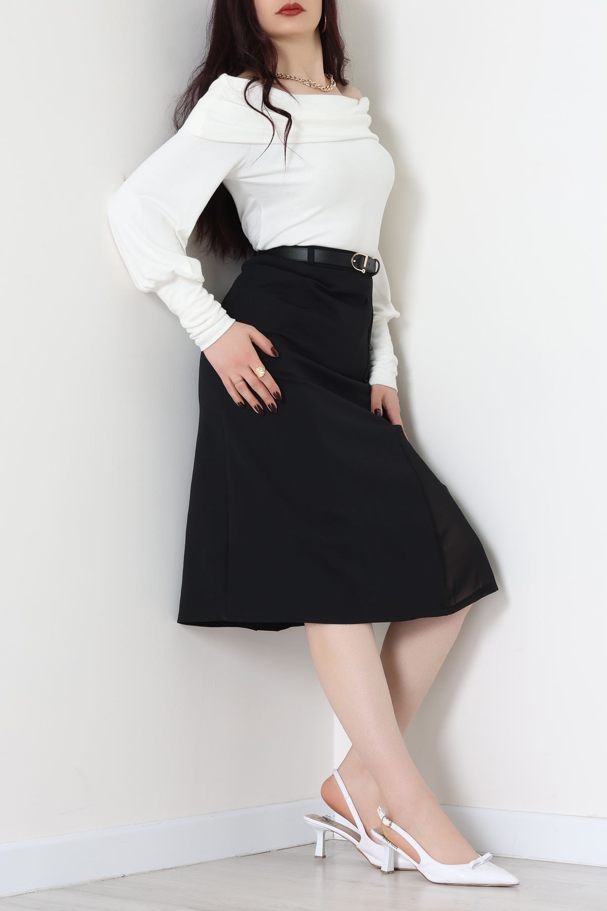 Dabıl Kumaş Tül Yırtmaçlı Etek Siyah - 51260.1991.