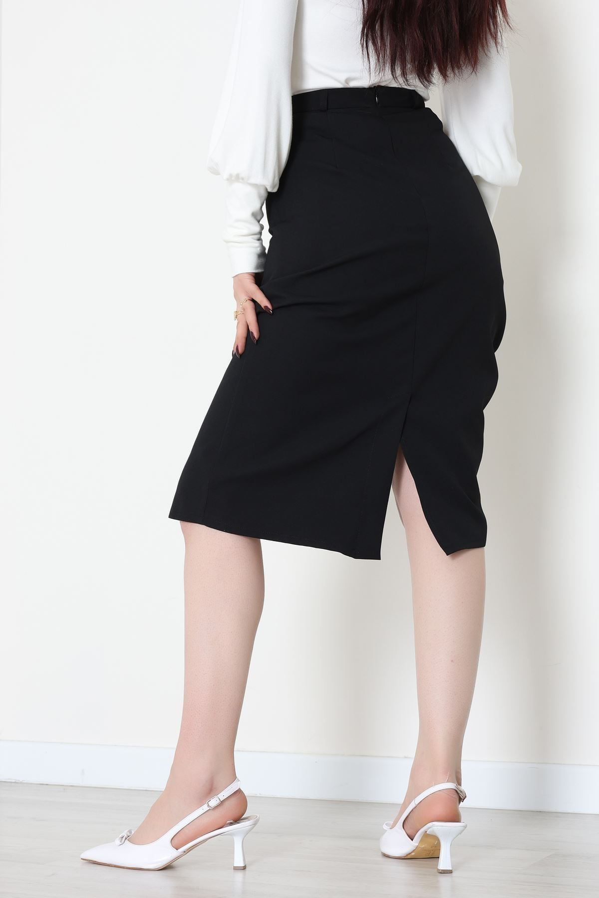 Dabıl Kumaş Tül Yırtmaçlı Etek Siyah - 51260.1991.