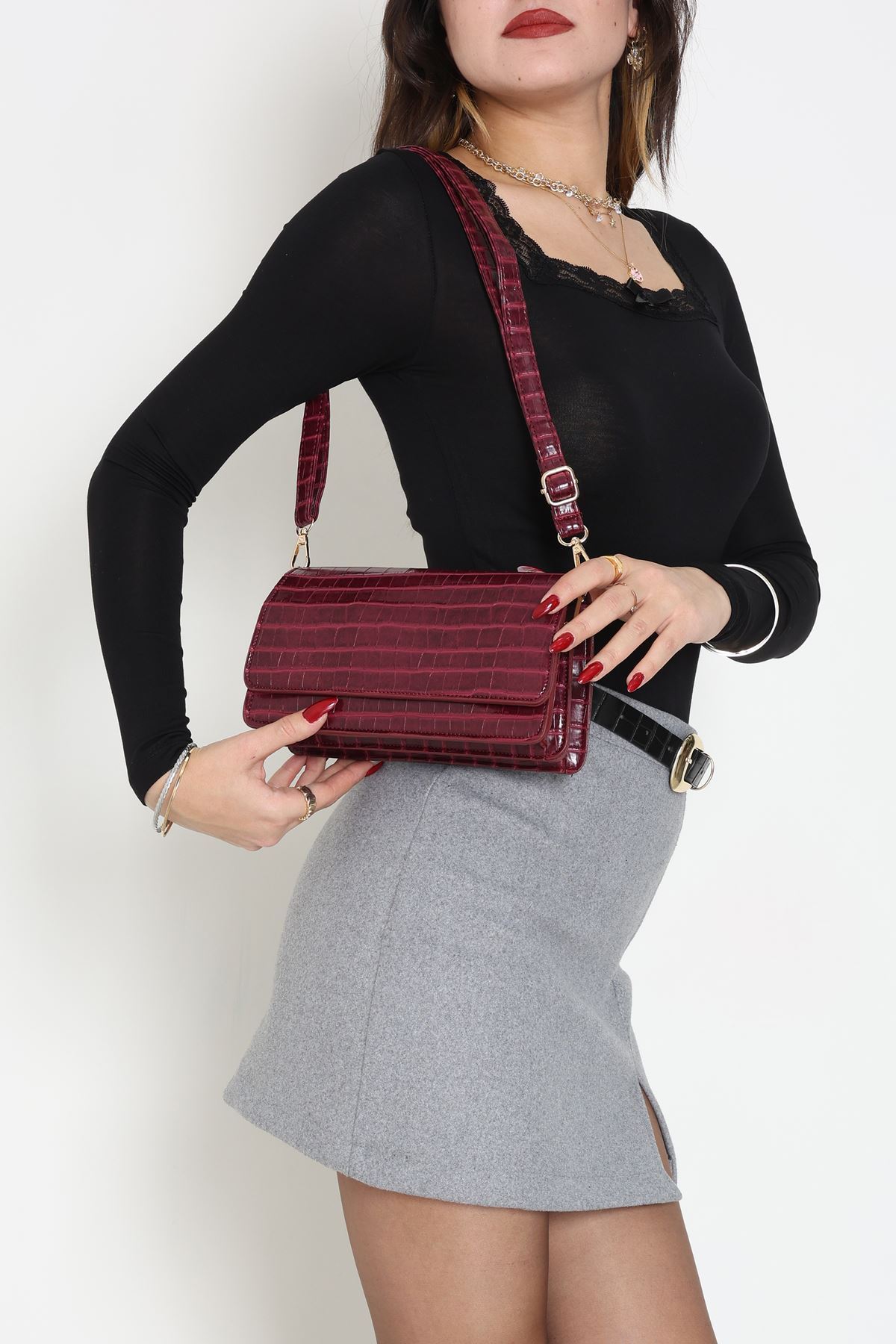 Kroko Kol Çantası Bordo - 3006.1853.