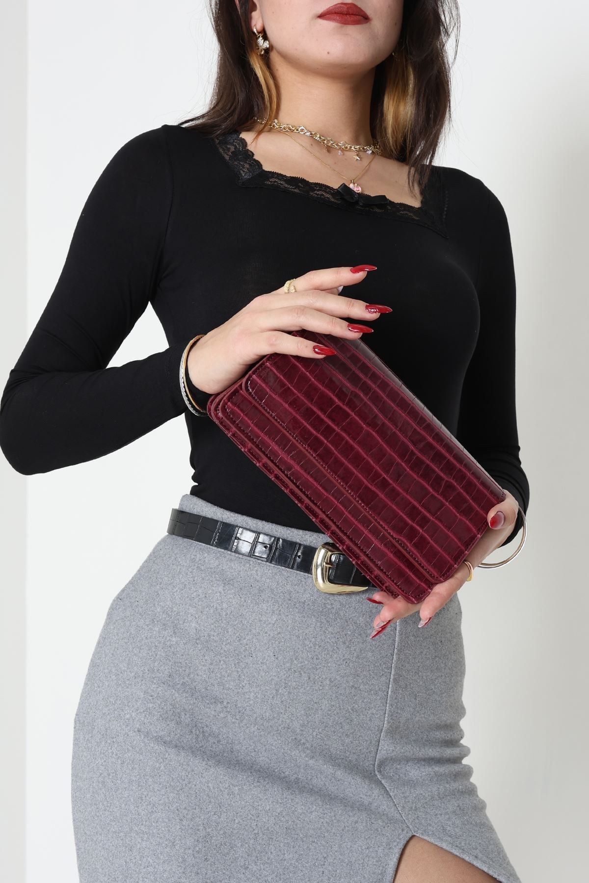 Kroko Kol Çantası Bordo - 3006.1853.