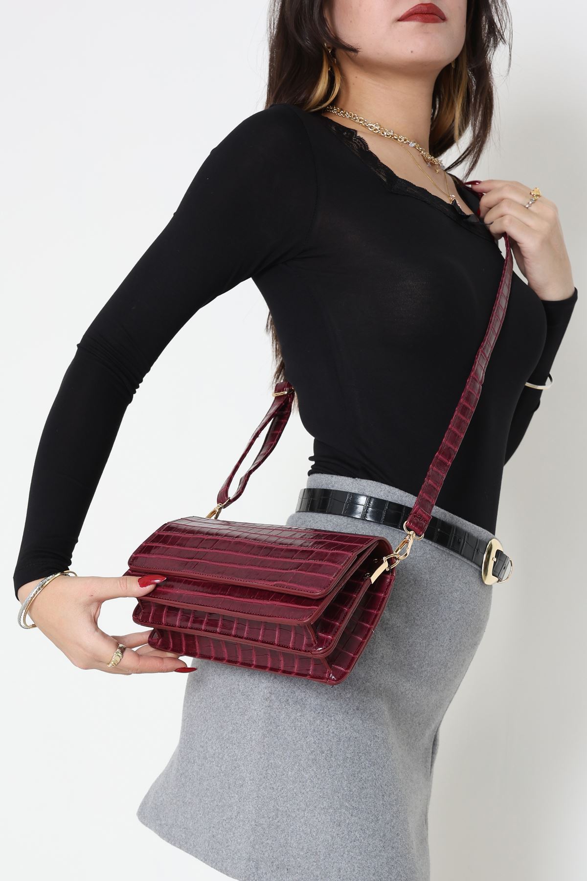 Kroko Kol Çantası Bordo - 3006.1853.