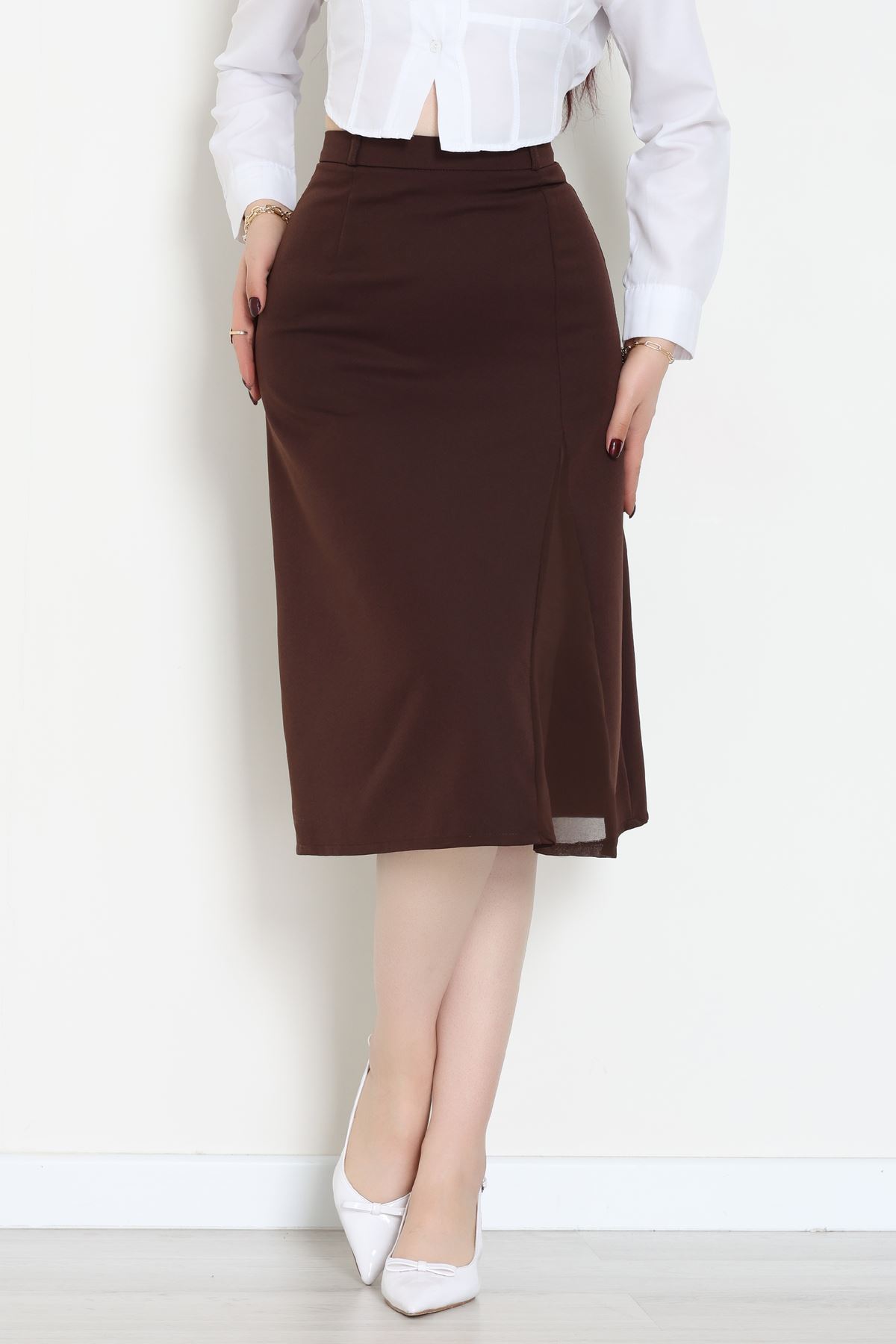 Dabıl Kumaş Tül Yırtmaçlı Etek Kahve - 51260.1991.