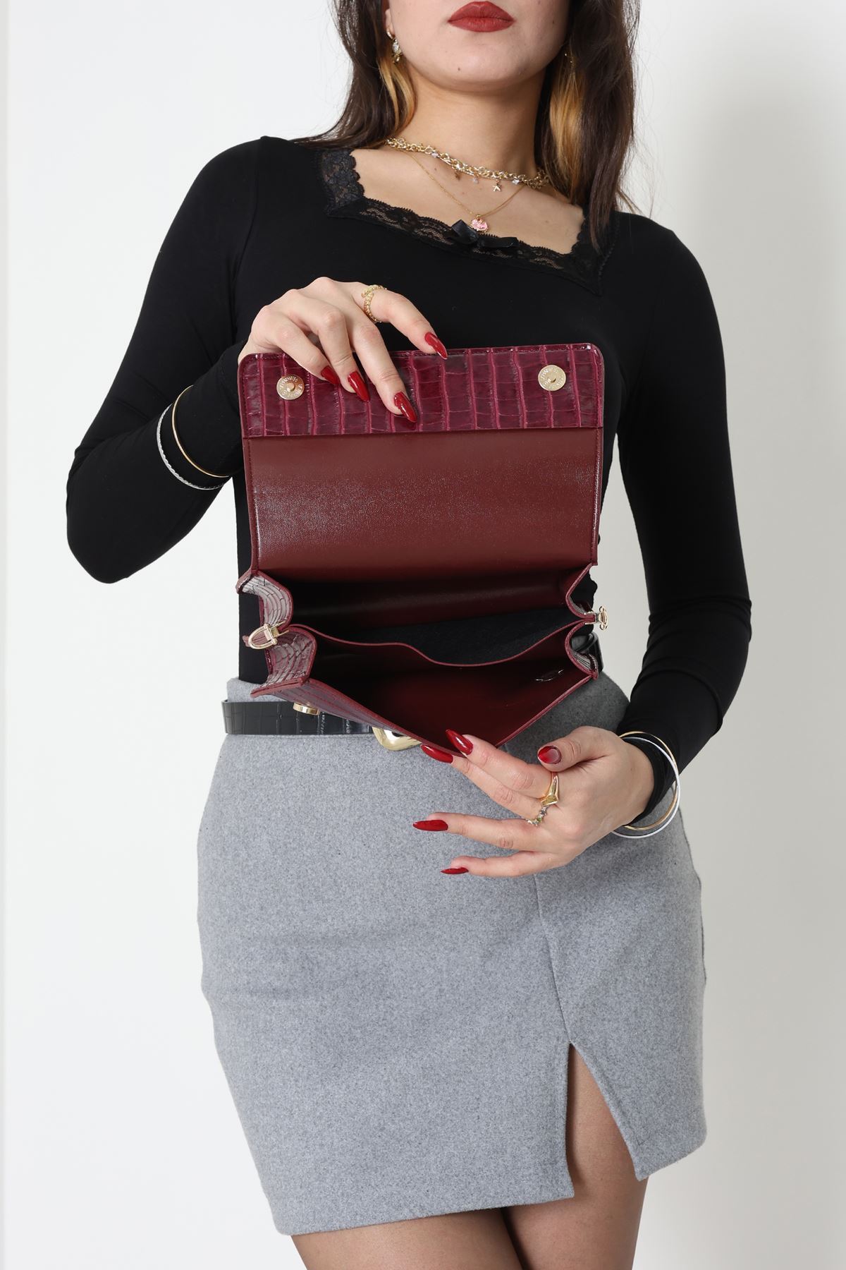 Kroko Kol Çantası Bordo - 3006.1853.