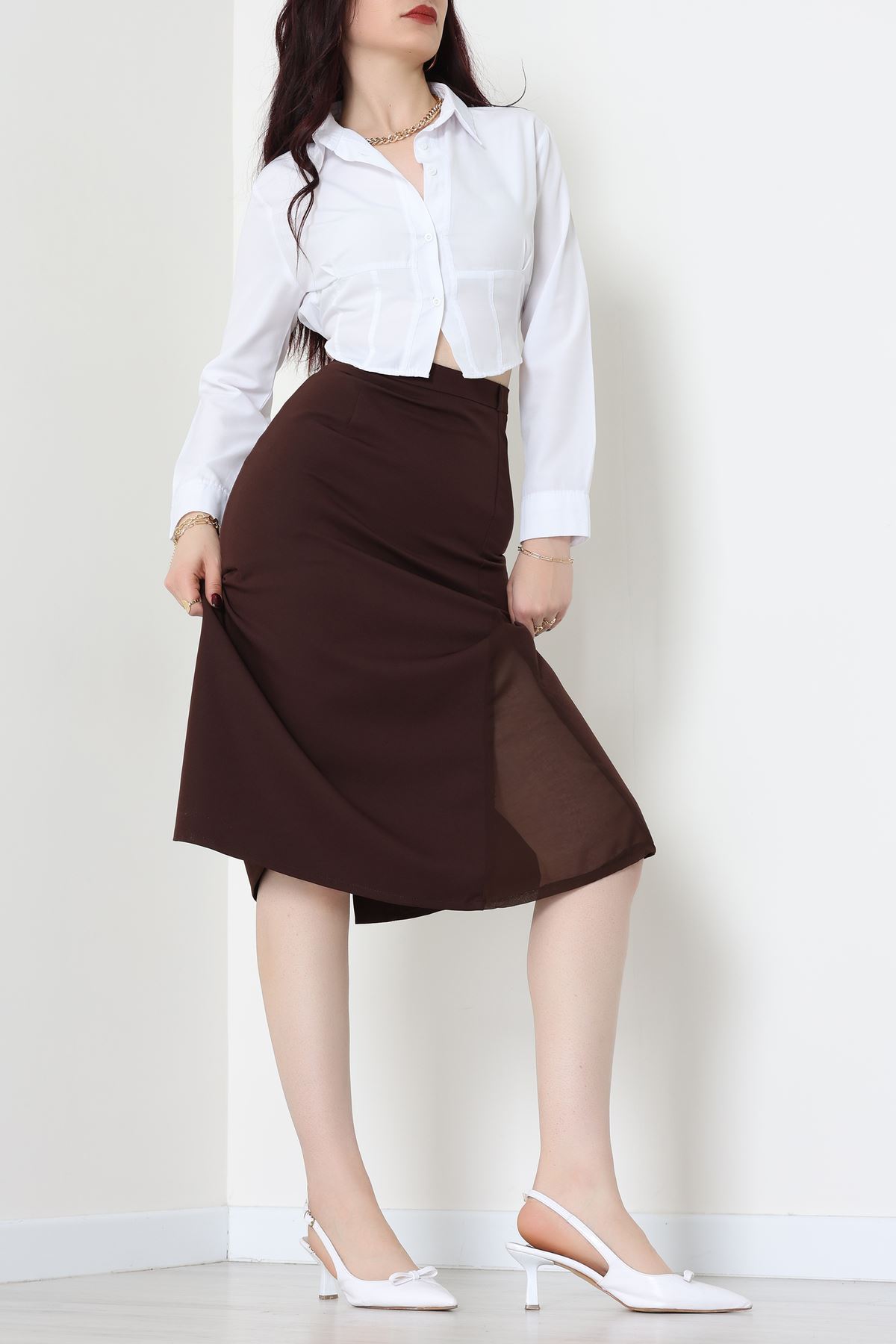 Dabıl Kumaş Tül Yırtmaçlı Etek Kahve - 51260.1991.