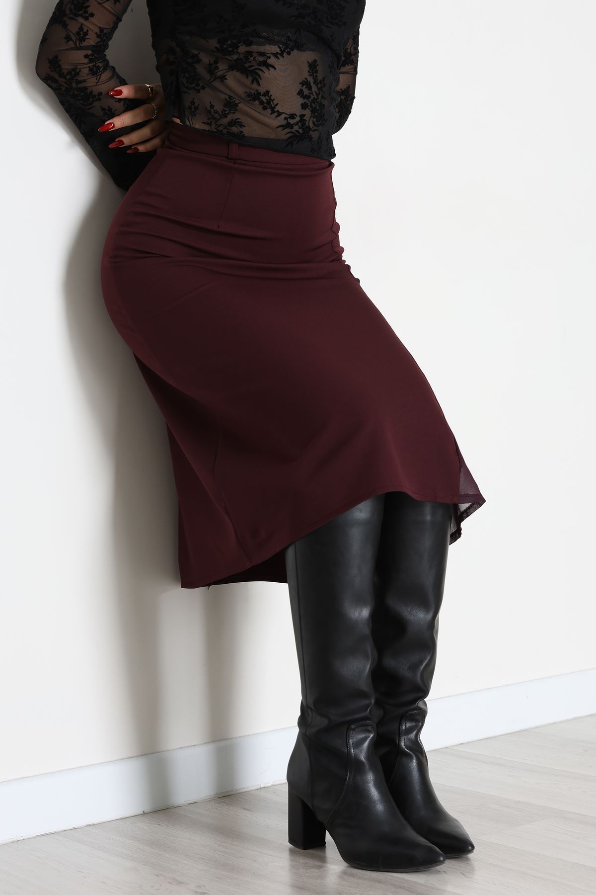 Dabıl Kumaş Tül Yırtmaçlı Etek Mürdüm - 51260.1991.