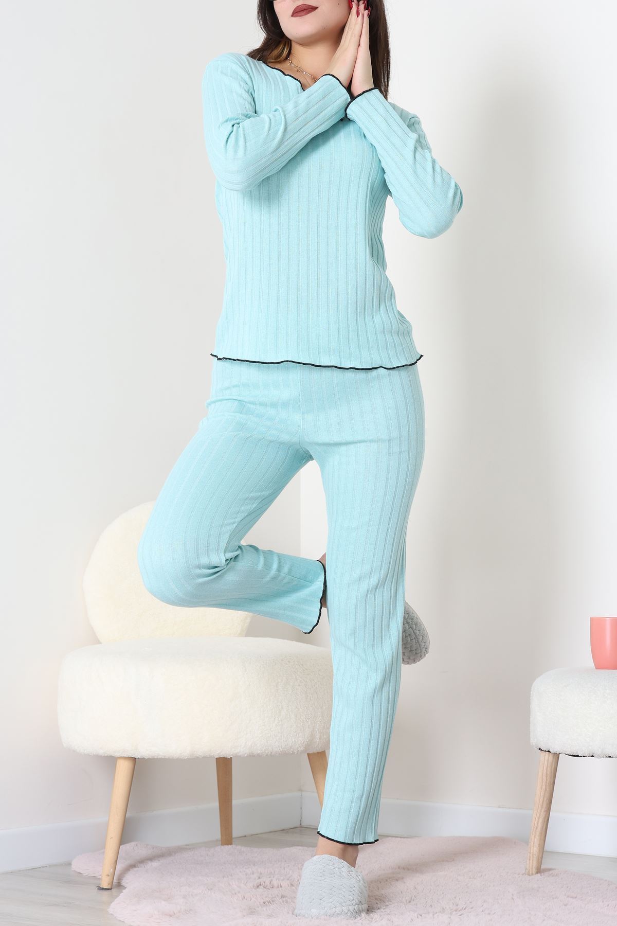 Fitilli İnterlok Pijama Takımı Suyeşili - 70796.1048.