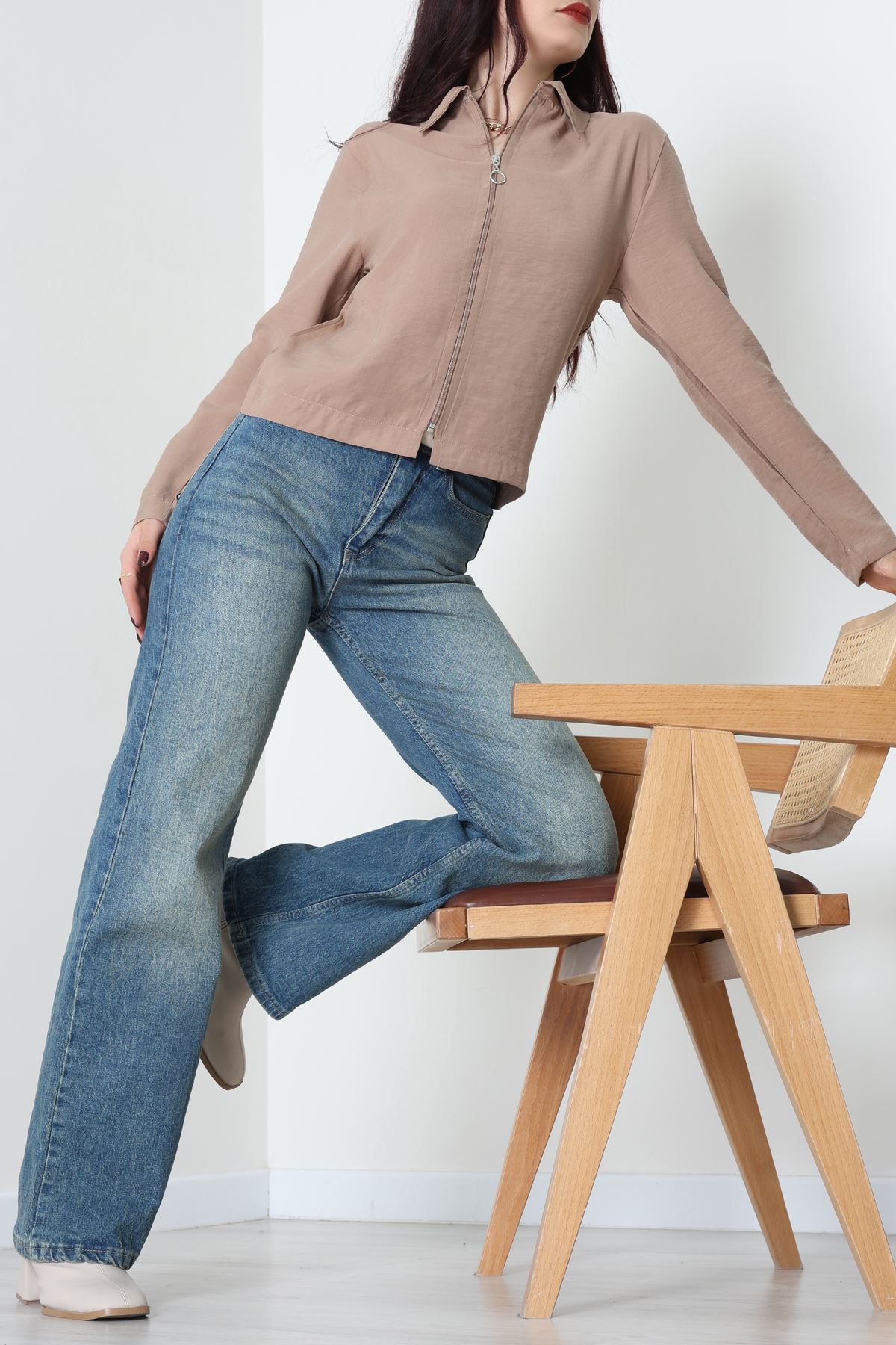 Dokuma Modal Fermuarlı Polo Yaka Ceket Gömlek Sütlükahve - 51237.1837.