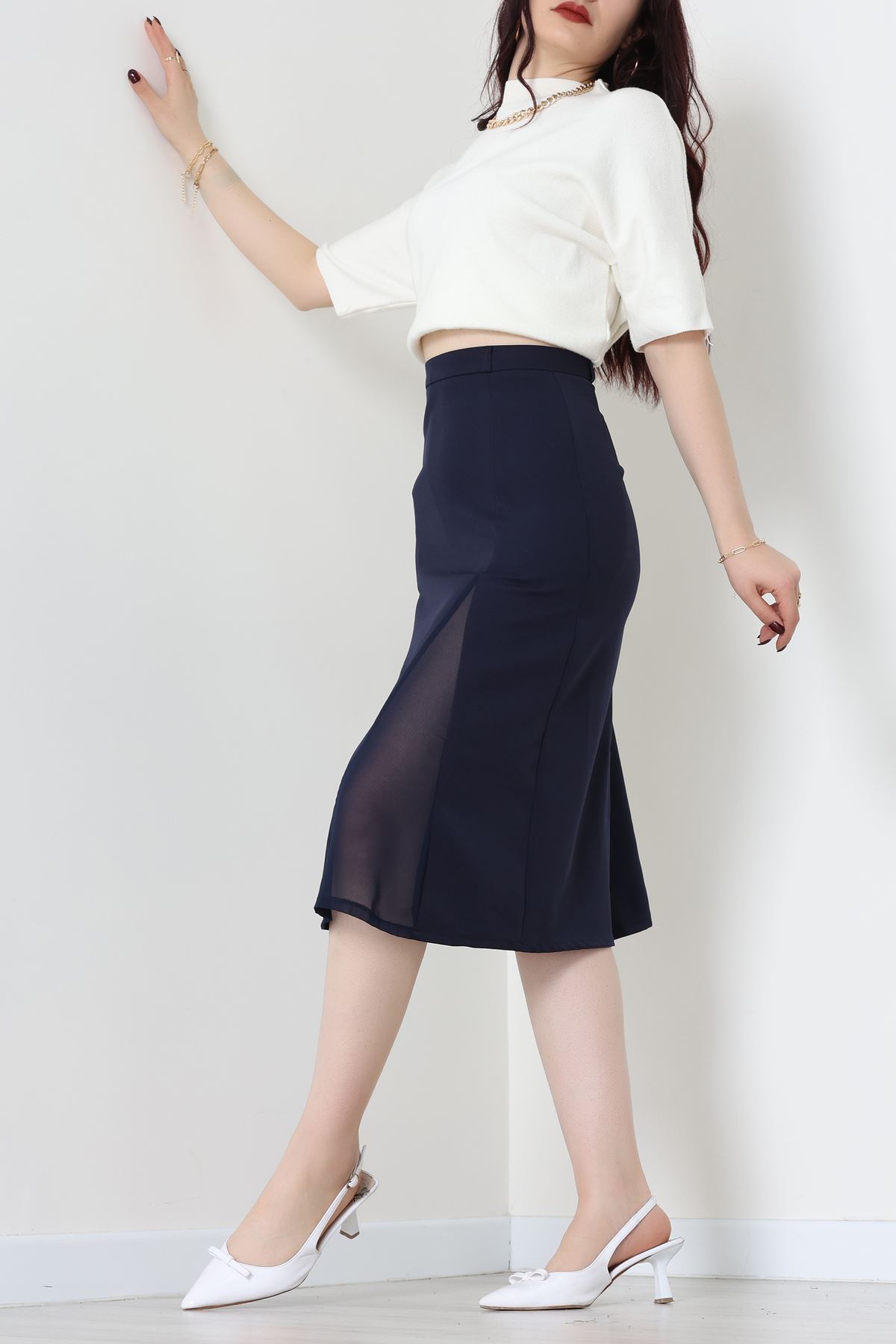 Dabıl Kumaş Tül Yırtmaçlı Etek Lacivert - 51260.1991.