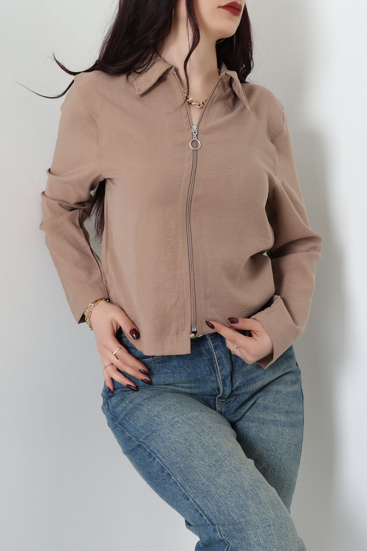 Dokuma Modal Fermuarlı Polo Yaka Ceket Gömlek Sütlükahve - 51237.1837.