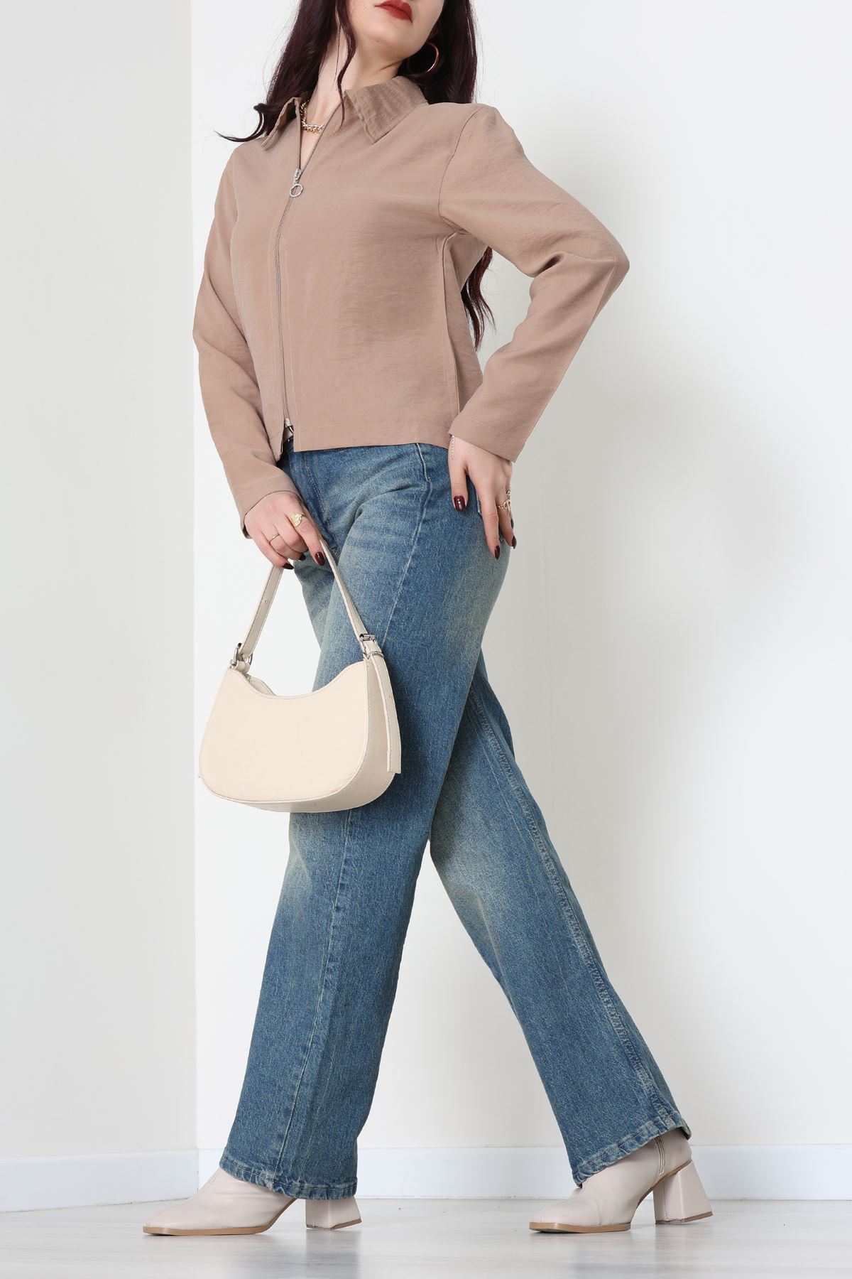 Dokuma Modal Fermuarlı Polo Yaka Ceket Gömlek Sütlükahve - 51237.1837.