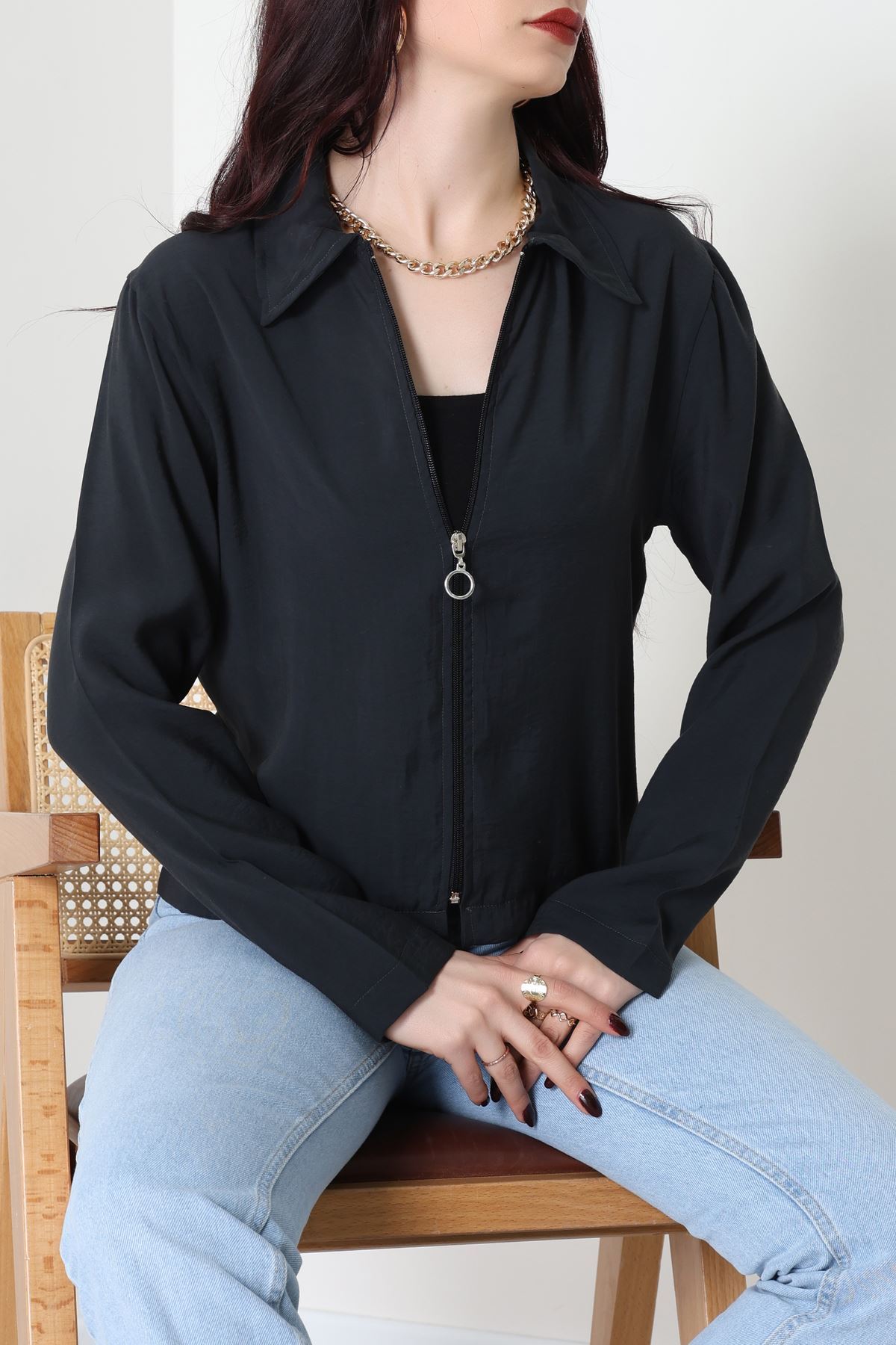 Dokuma Modal Fermuarlı Polo Yaka Ceket Gömlek Siyah - 51237.1837.