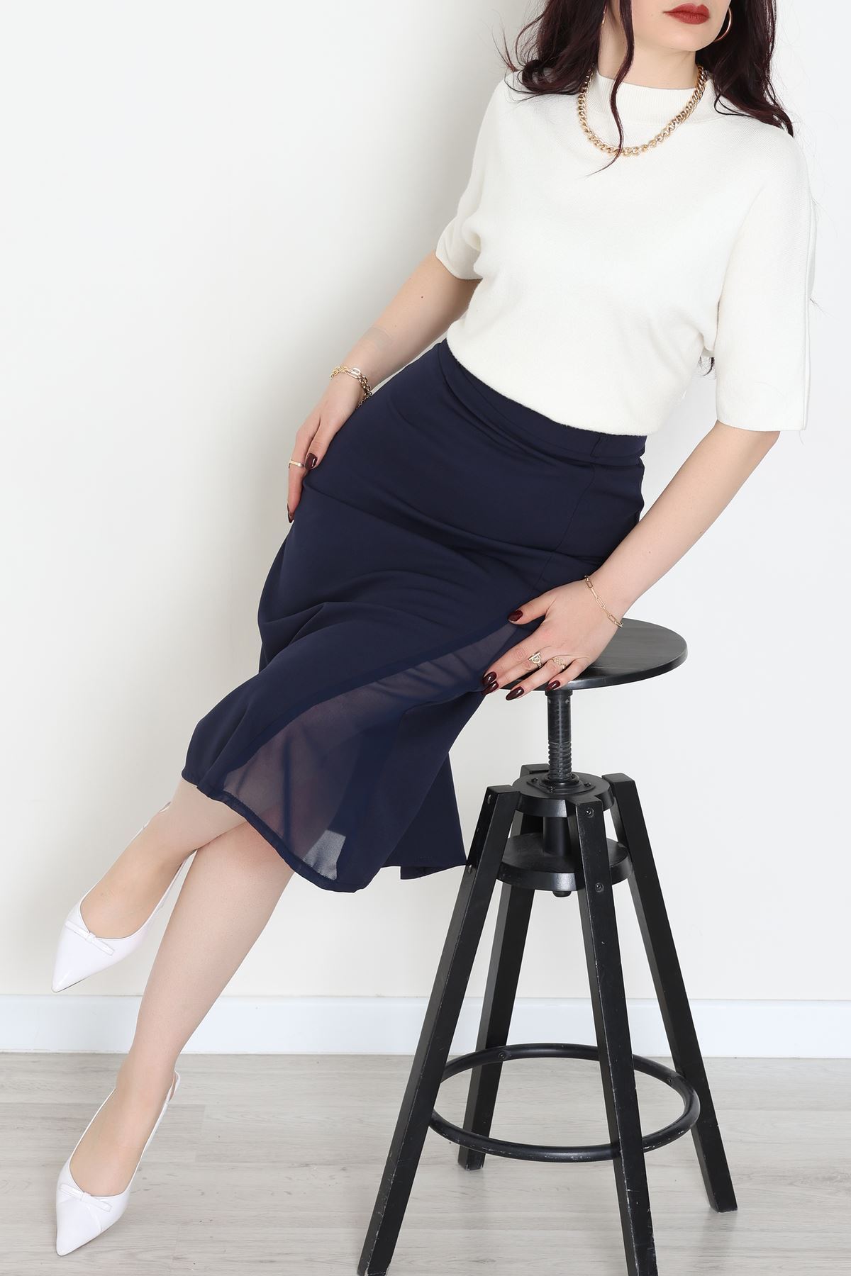 Dabıl Kumaş Tül Yırtmaçlı Etek Lacivert - 51260.1991.