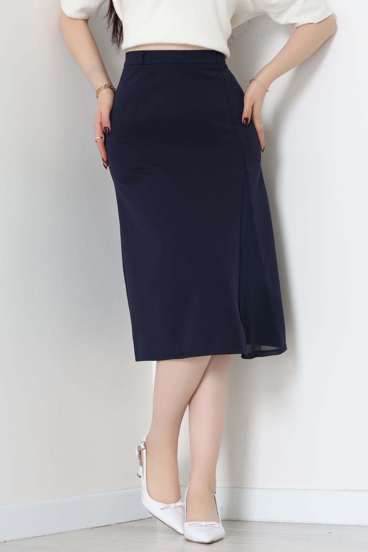 Dabıl Kumaş Tül Yırtmaçlı Etek Lacivert - 51260.1991.