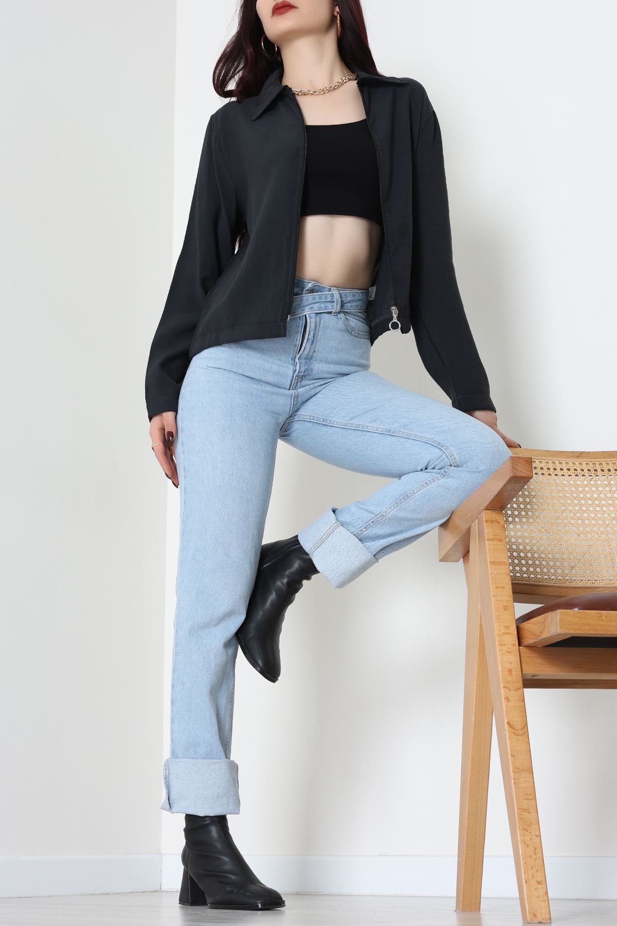 Dokuma Modal Fermuarlı Polo Yaka Ceket Gömlek Siyah - 51237.1837.