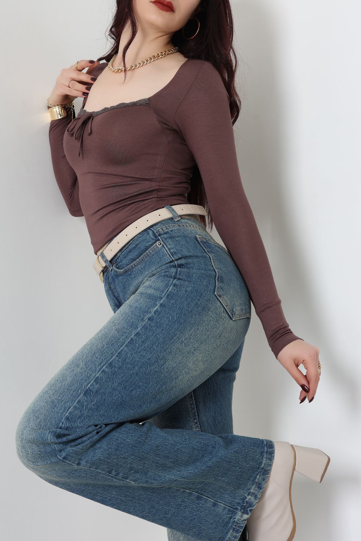 Dantel Detaylı Kare Yaka Viskon Body Kahve - 5504.599.