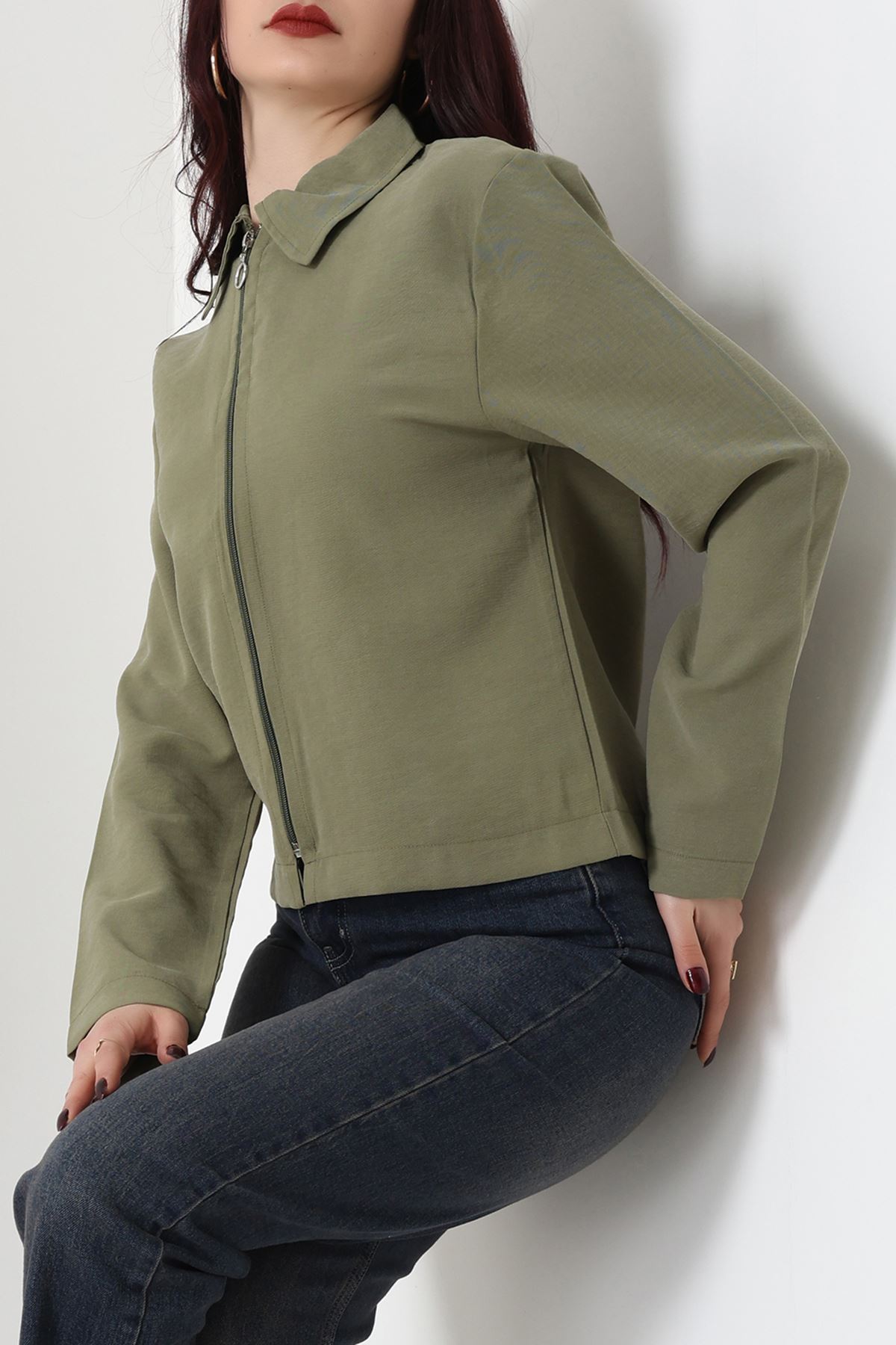 Dokuma Modal Fermuarlı Polo Yaka Ceket Gömlek Haki - 51237.1837.