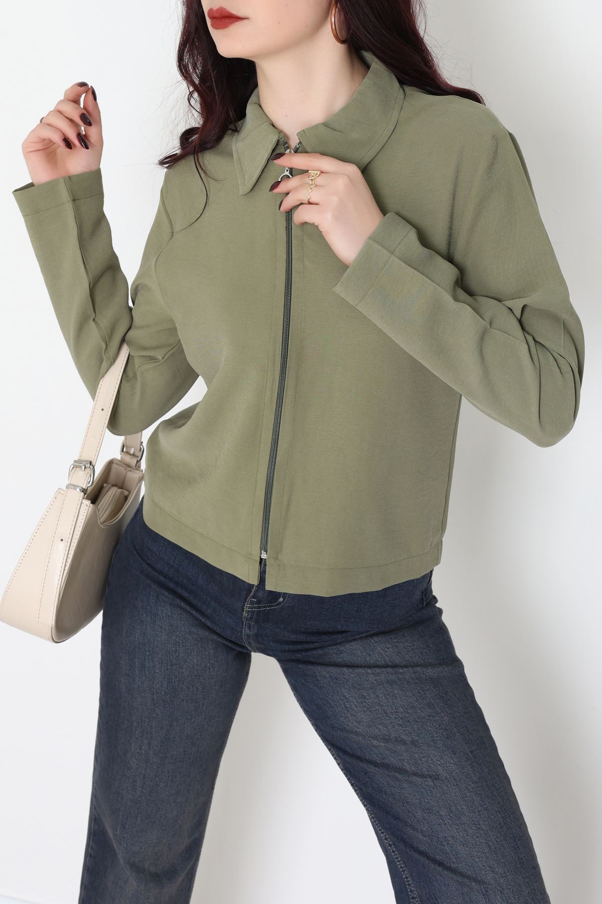 Dokuma Modal Fermuarlı Polo Yaka Ceket Gömlek Haki - 51237.1837.