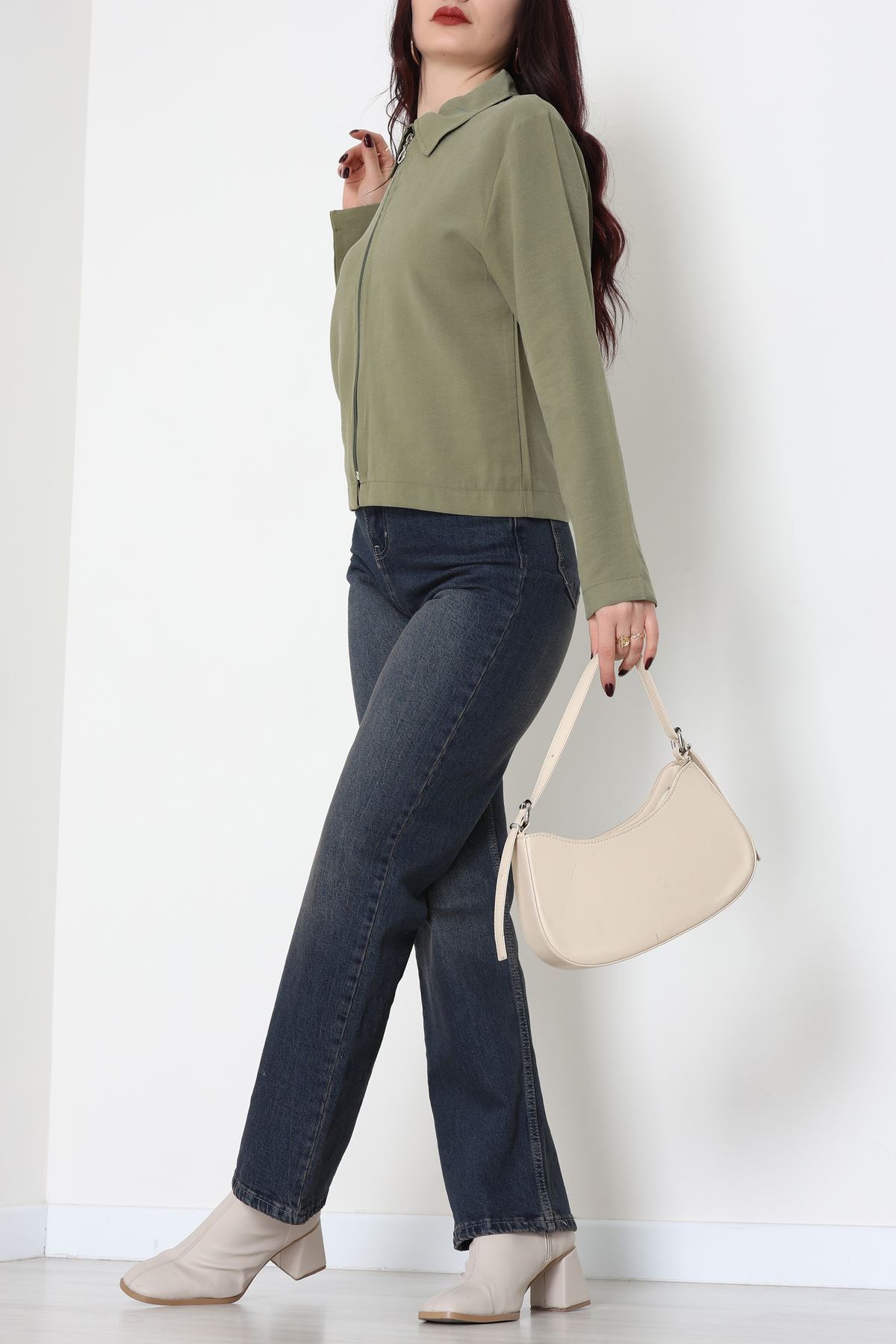 Dokuma Modal Fermuarlı Polo Yaka Ceket Gömlek Haki - 51237.1837.