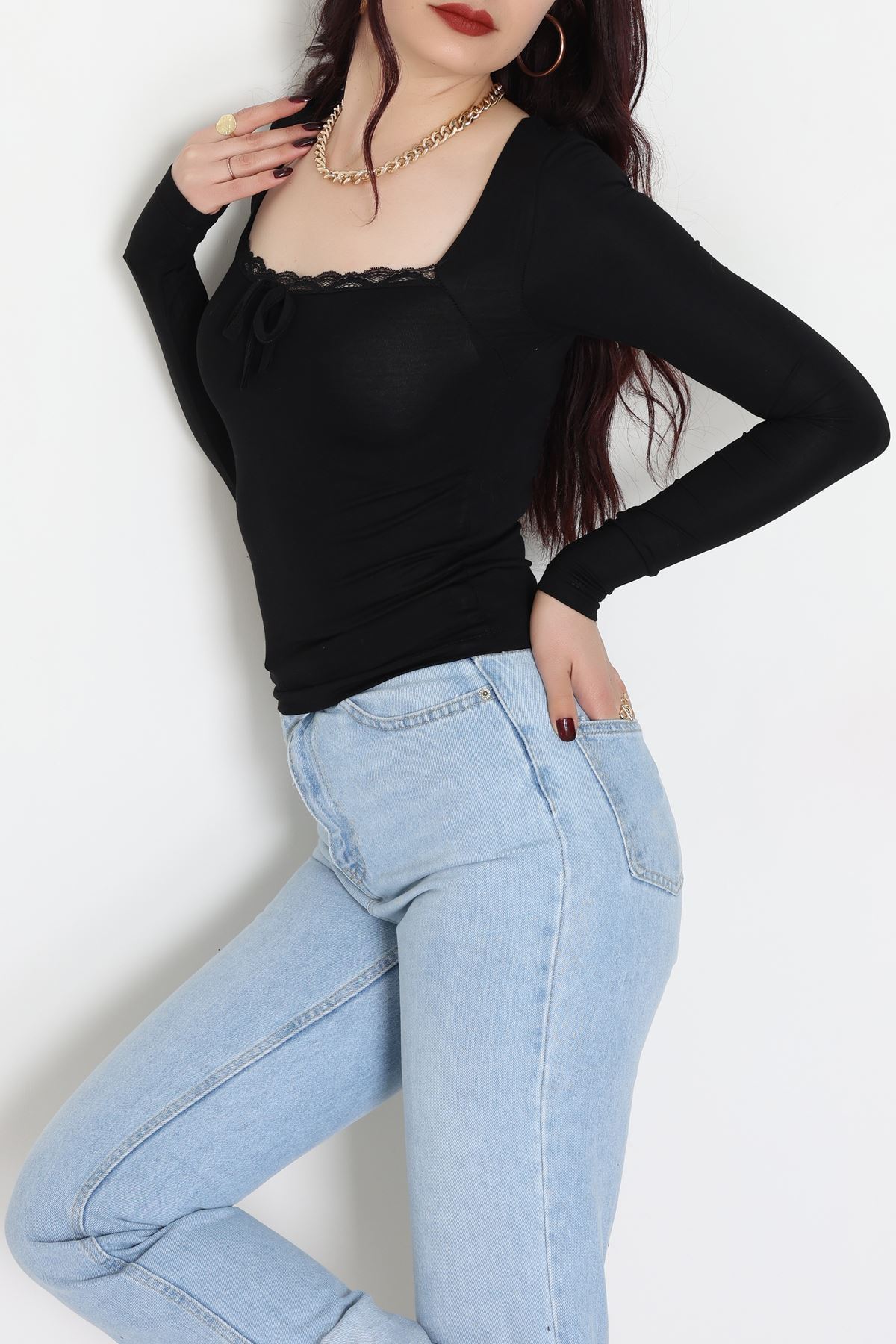 Dantel Detaylı Kare Yaka Viskon Body Siyah - 5504.599.