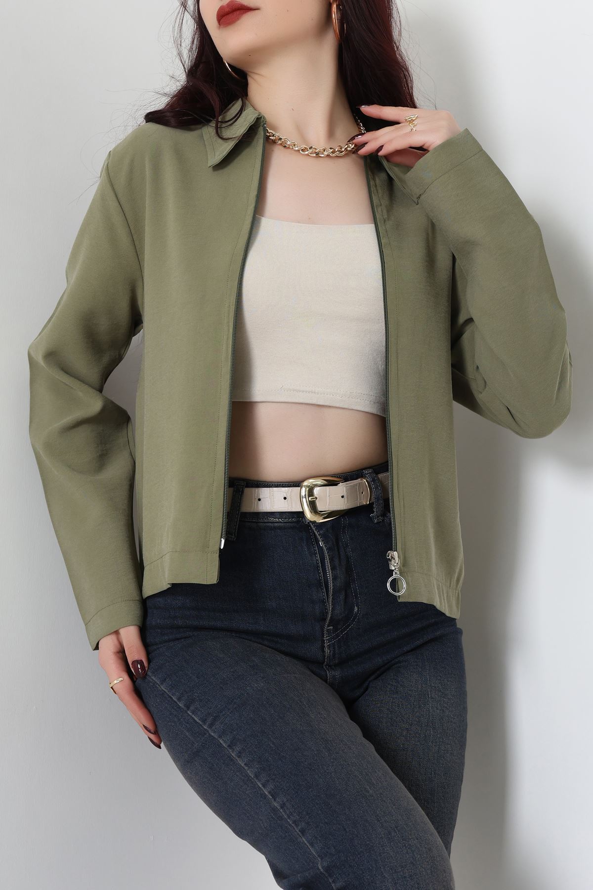 Dokuma Modal Fermuarlı Polo Yaka Ceket Gömlek Haki - 51237.1837.