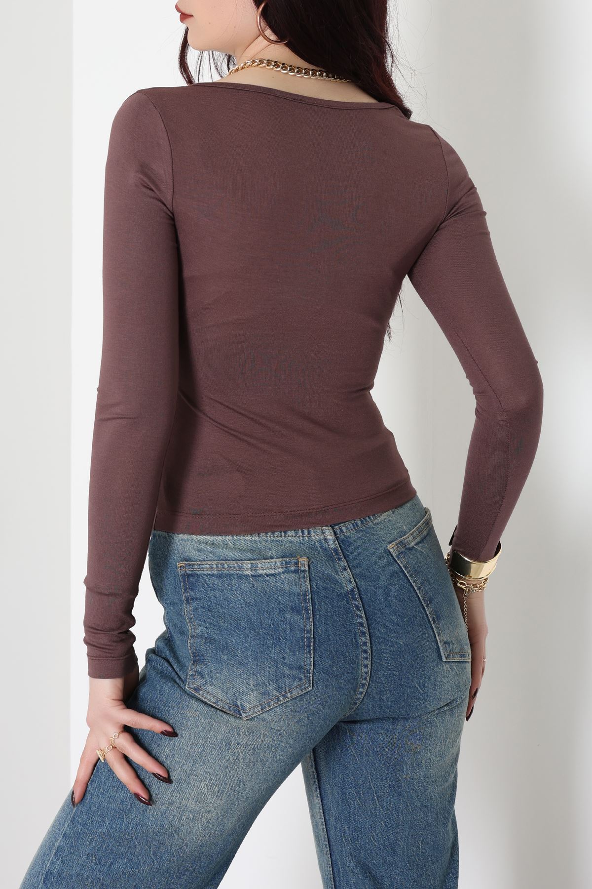 Dantel Detaylı Kare Yaka Viskon Body Kahve - 5504.599.