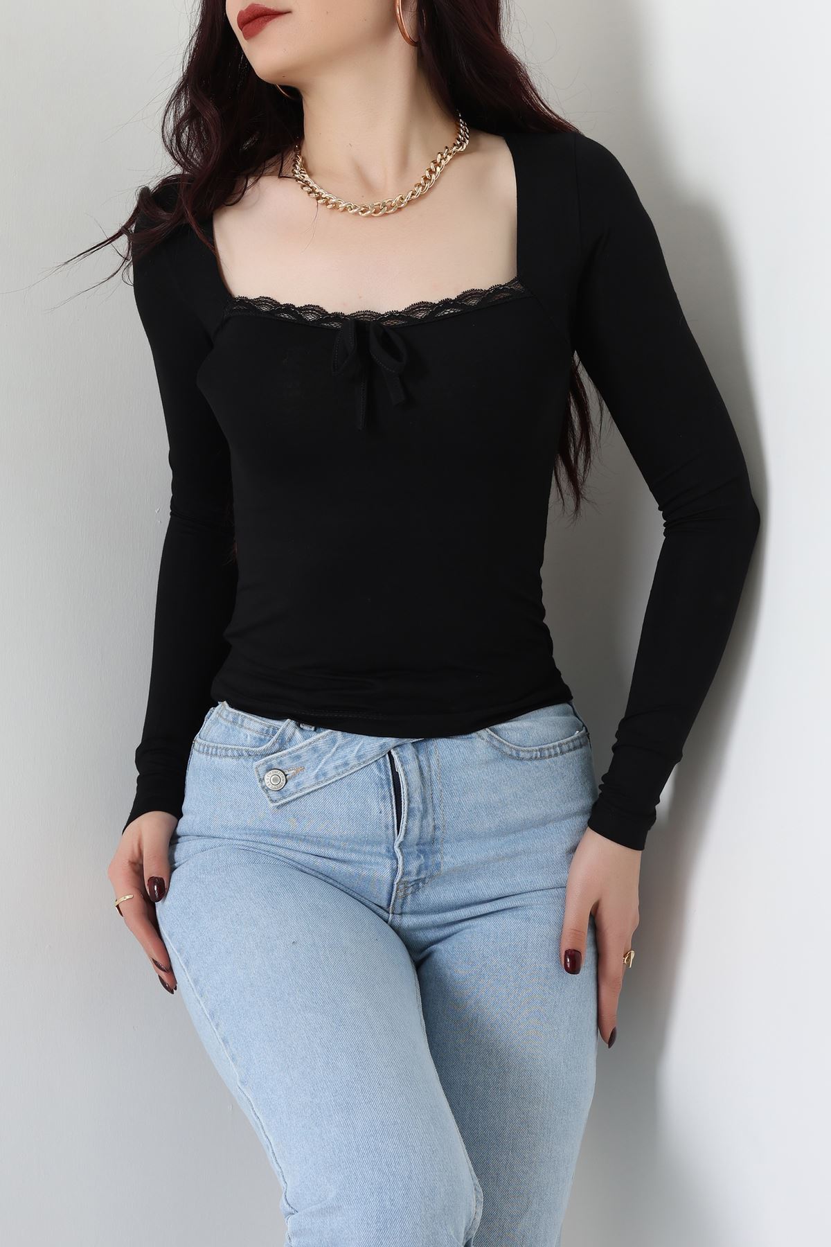 Dantel Detaylı Kare Yaka Viskon Body Siyah - 5504.599.