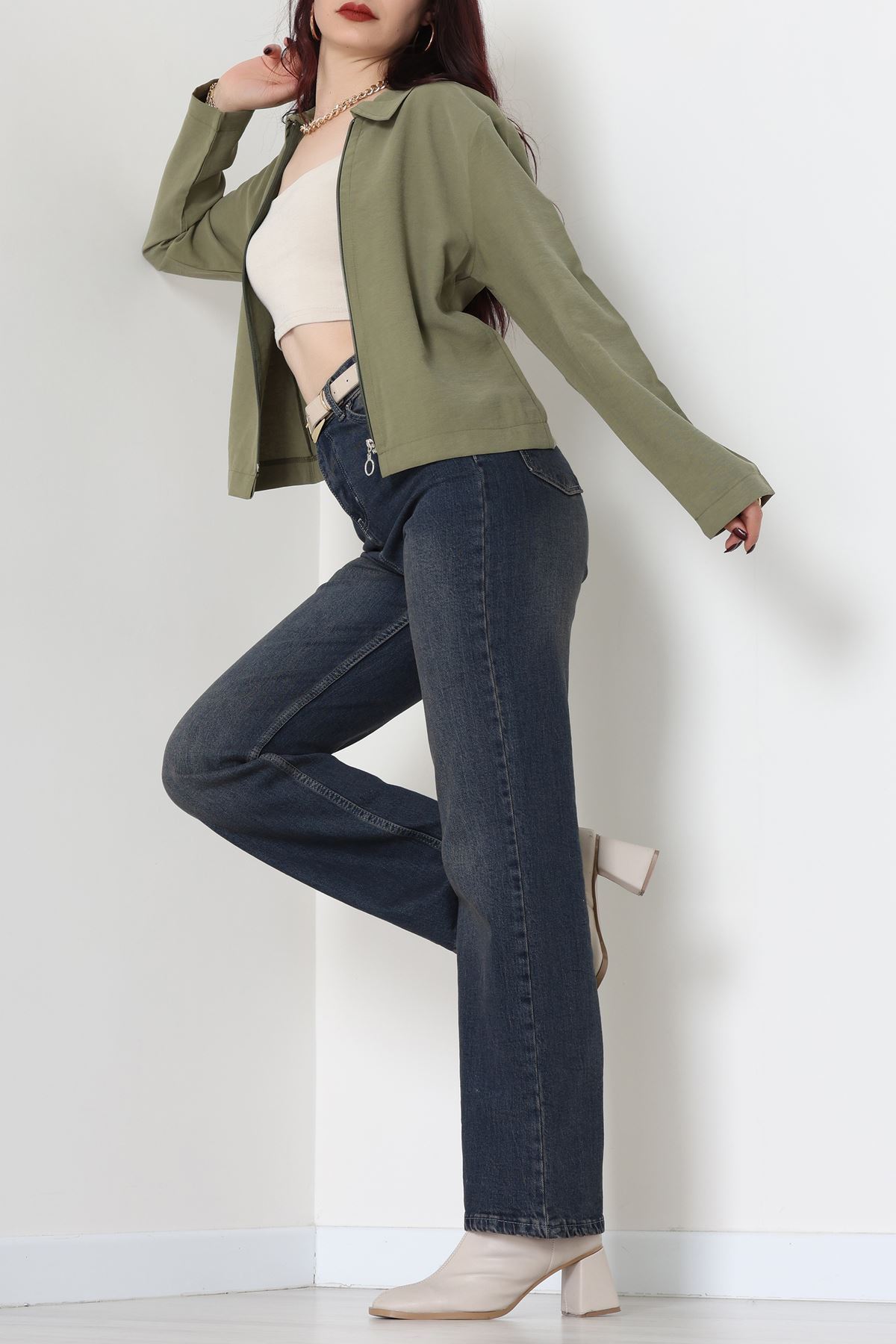 Dokuma Modal Fermuarlı Polo Yaka Ceket Gömlek Haki - 51237.1837.