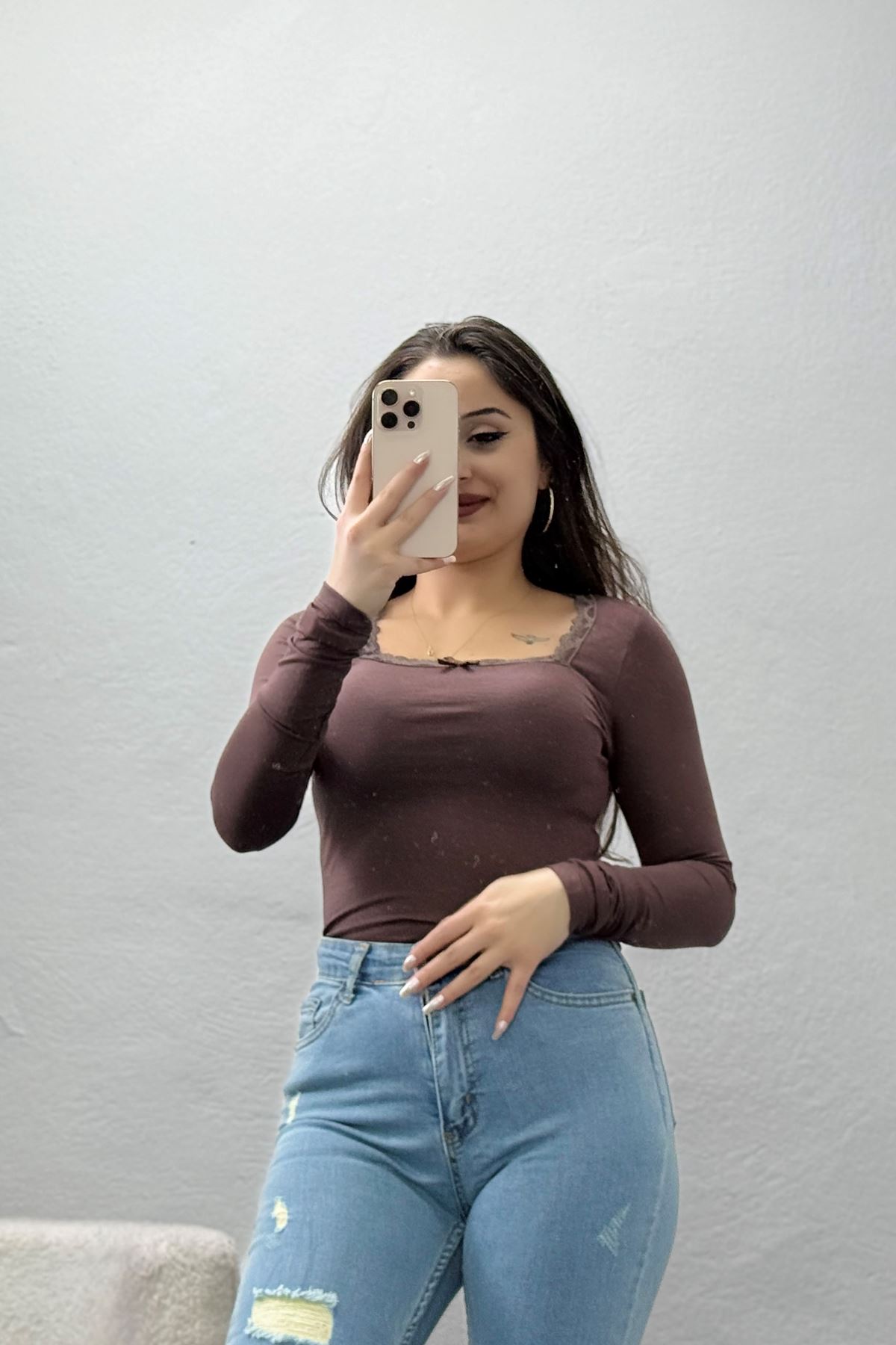 Dantel Detaylı Çerçeve Yaka Viskon Body Kahve - 5505.599.