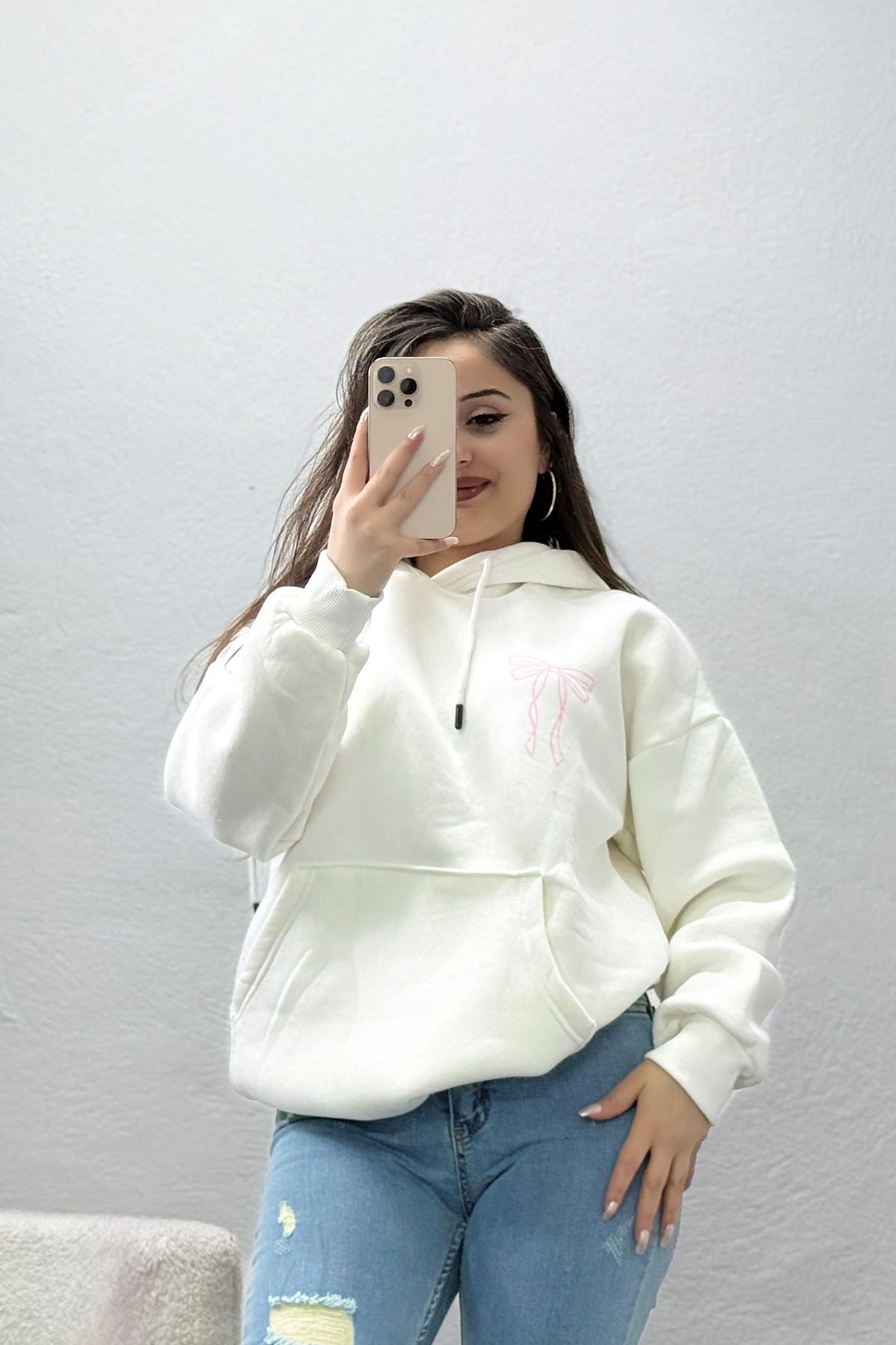 3 İplik Kanguru Cepli Kapşonlu Sweat Ekru - 42255.1878.