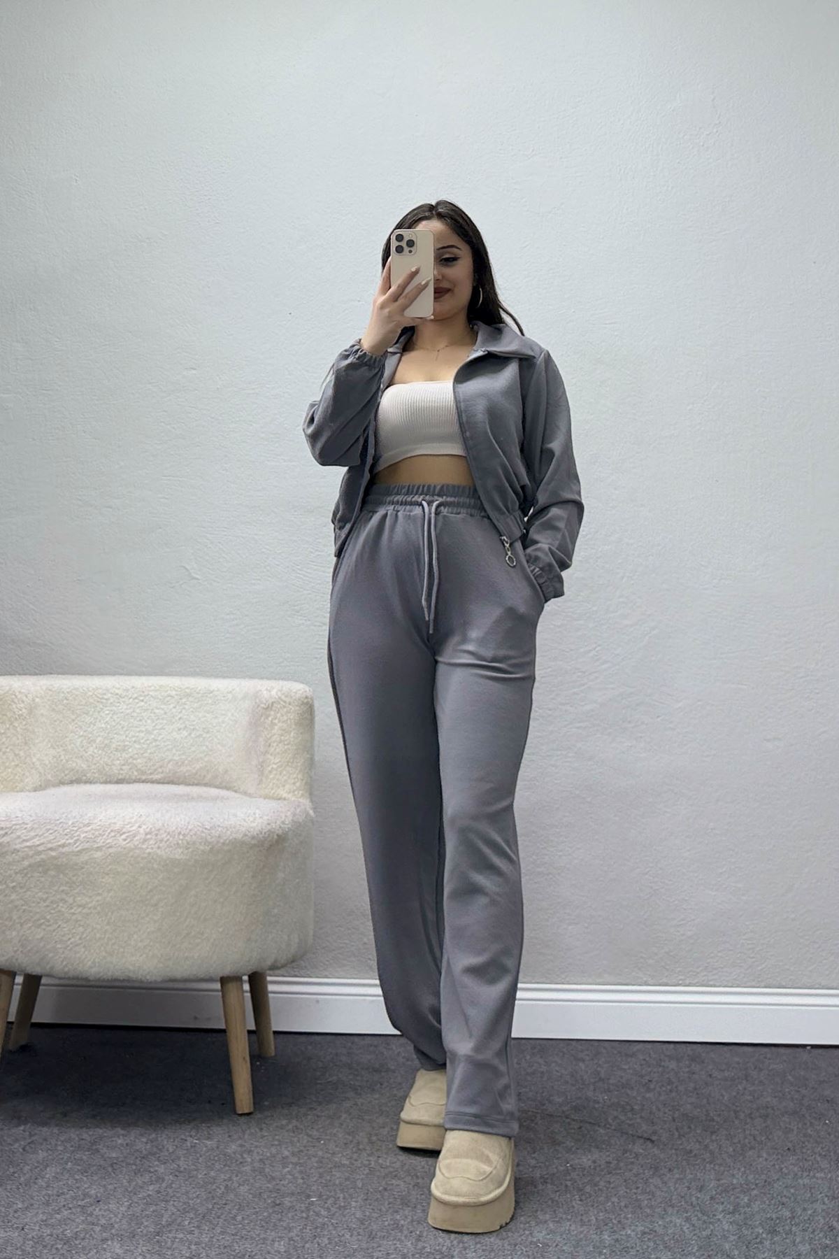 Likralı İthal Krep İkili Takım Gri - 42070.1567.