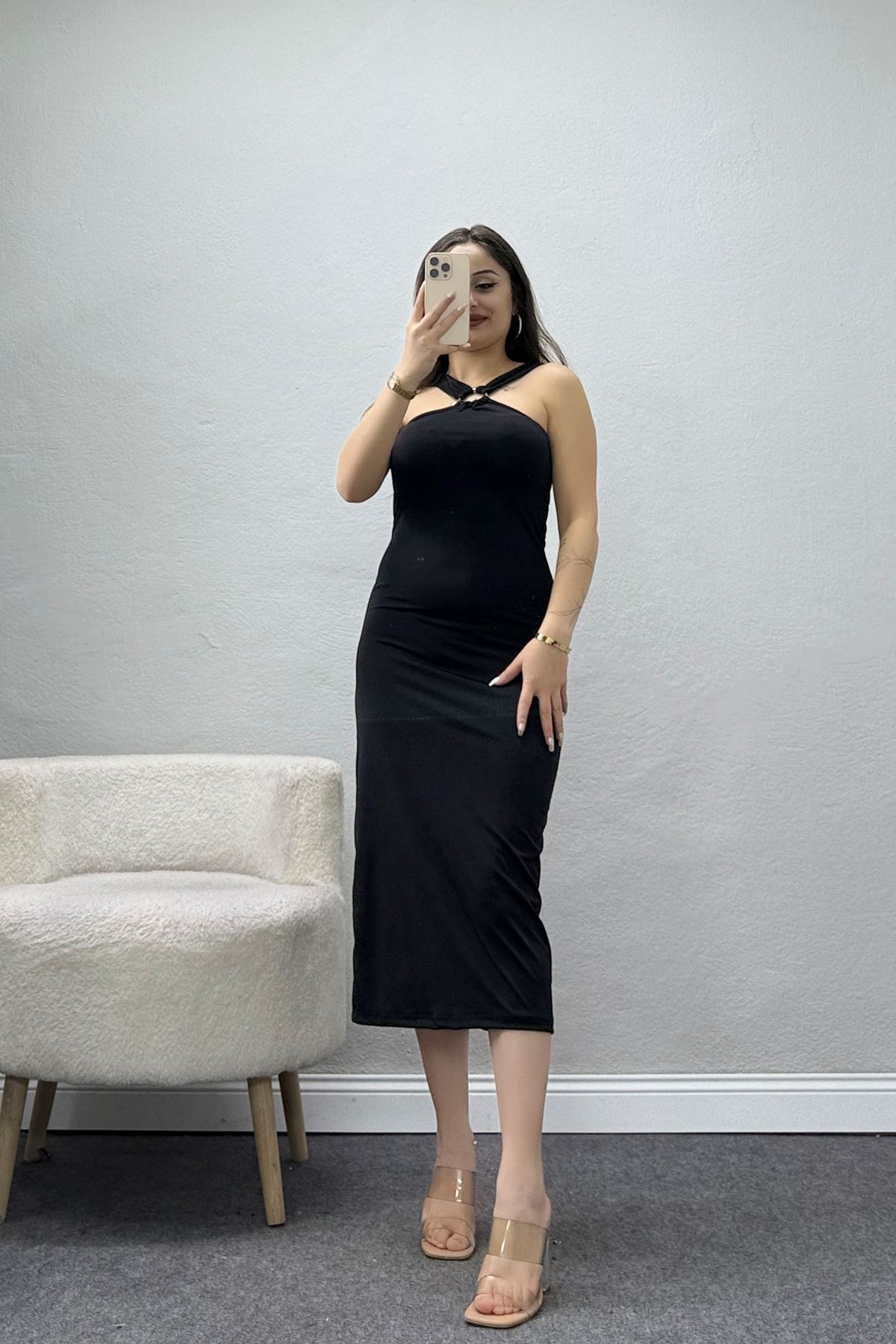 Toka Detaylı Viskon Elbise Siyah - 70828.1949.