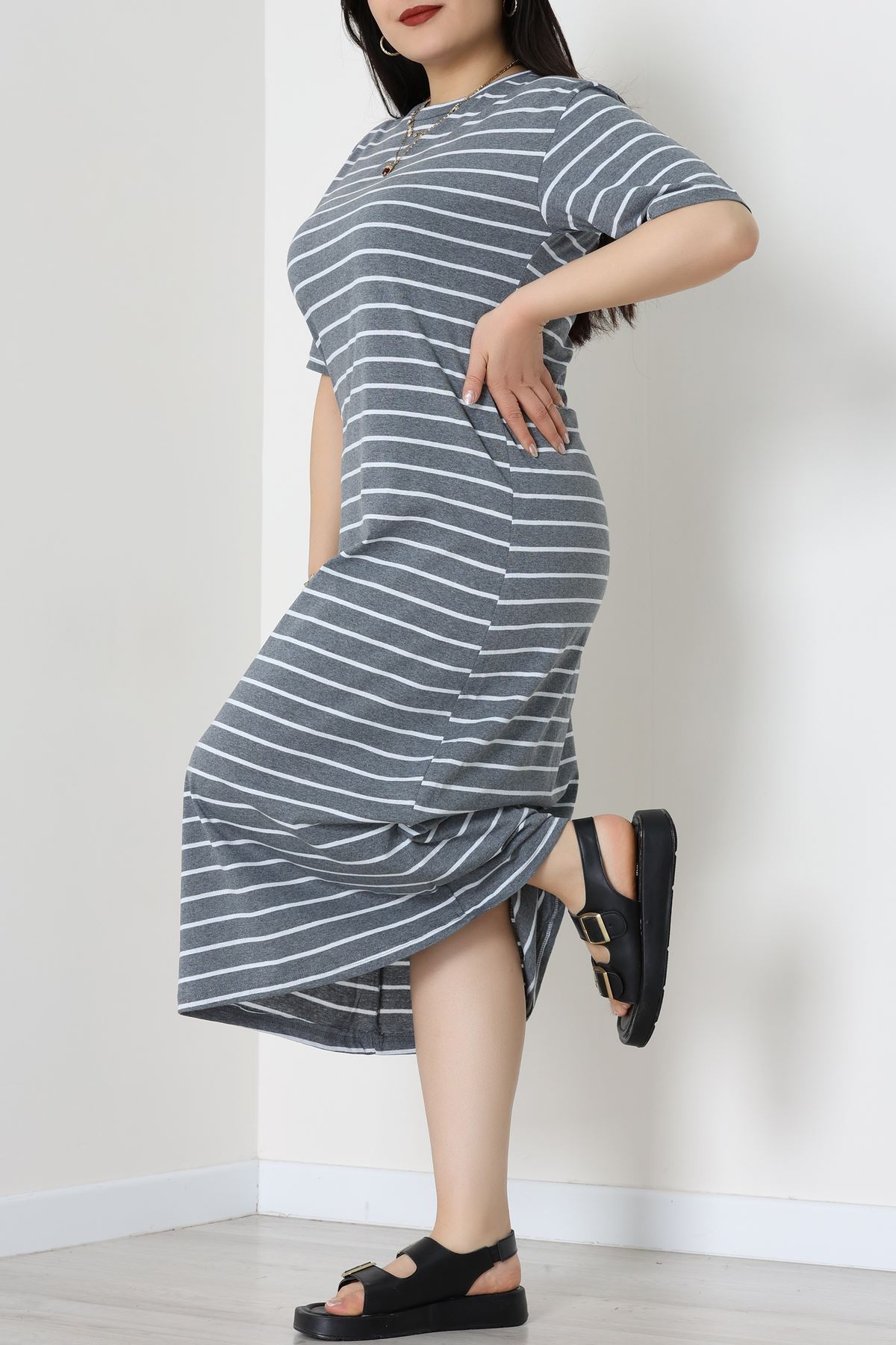 Bisiklet Yaka Büyük Beden Süprem Elbise Antrasitbeyaz - 70880.1567.