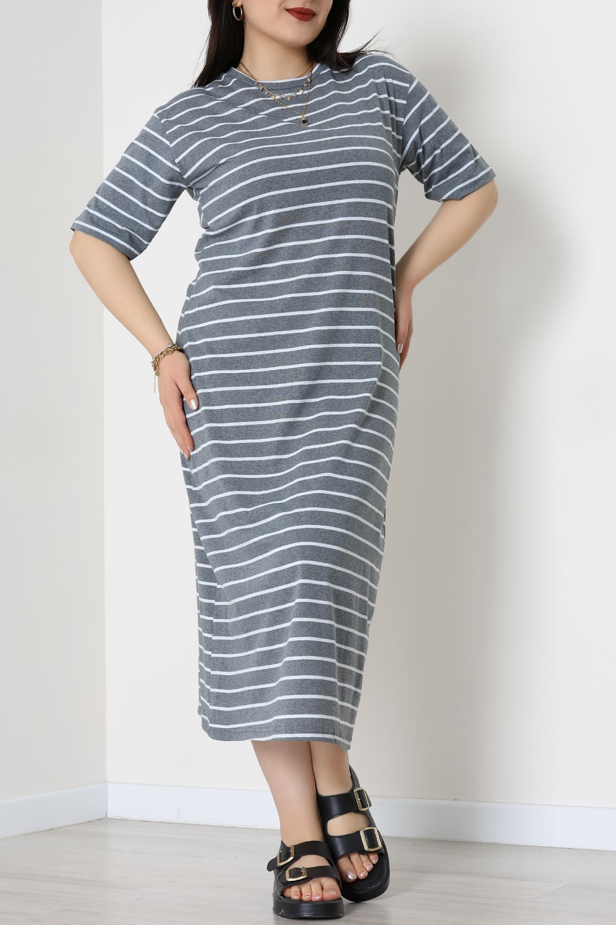 Bisiklet Yaka Büyük Beden Süprem Elbise Antrasitbeyaz - 70880.1567.