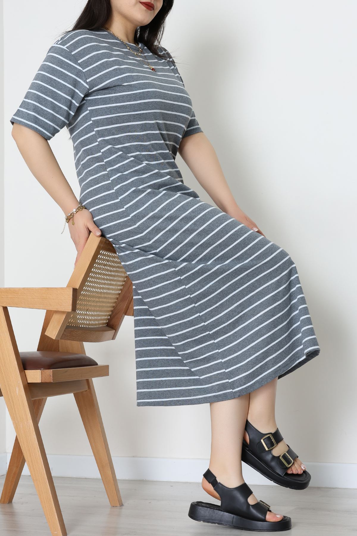 Bisiklet Yaka Büyük Beden Süprem Elbise Antrasitbeyaz - 70880.1567.