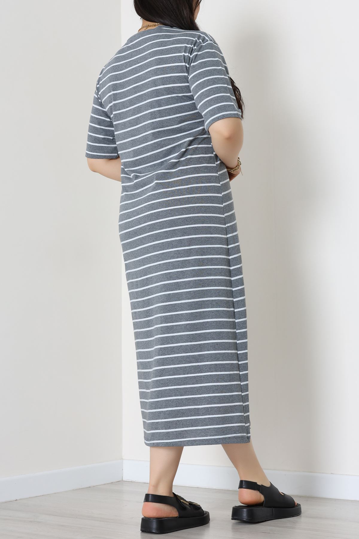 Bisiklet Yaka Büyük Beden Süprem Elbise Antrasitbeyaz - 70880.1567.