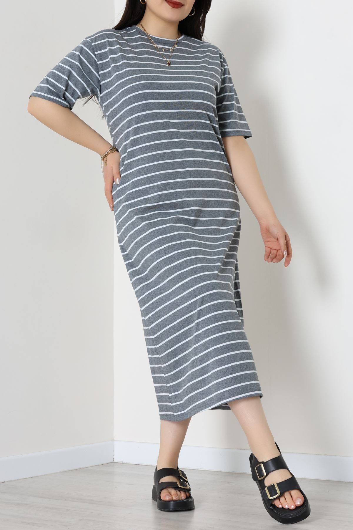 Bisiklet Yaka Büyük Beden Süprem Elbise Antrasitbeyaz - 70880.1567.