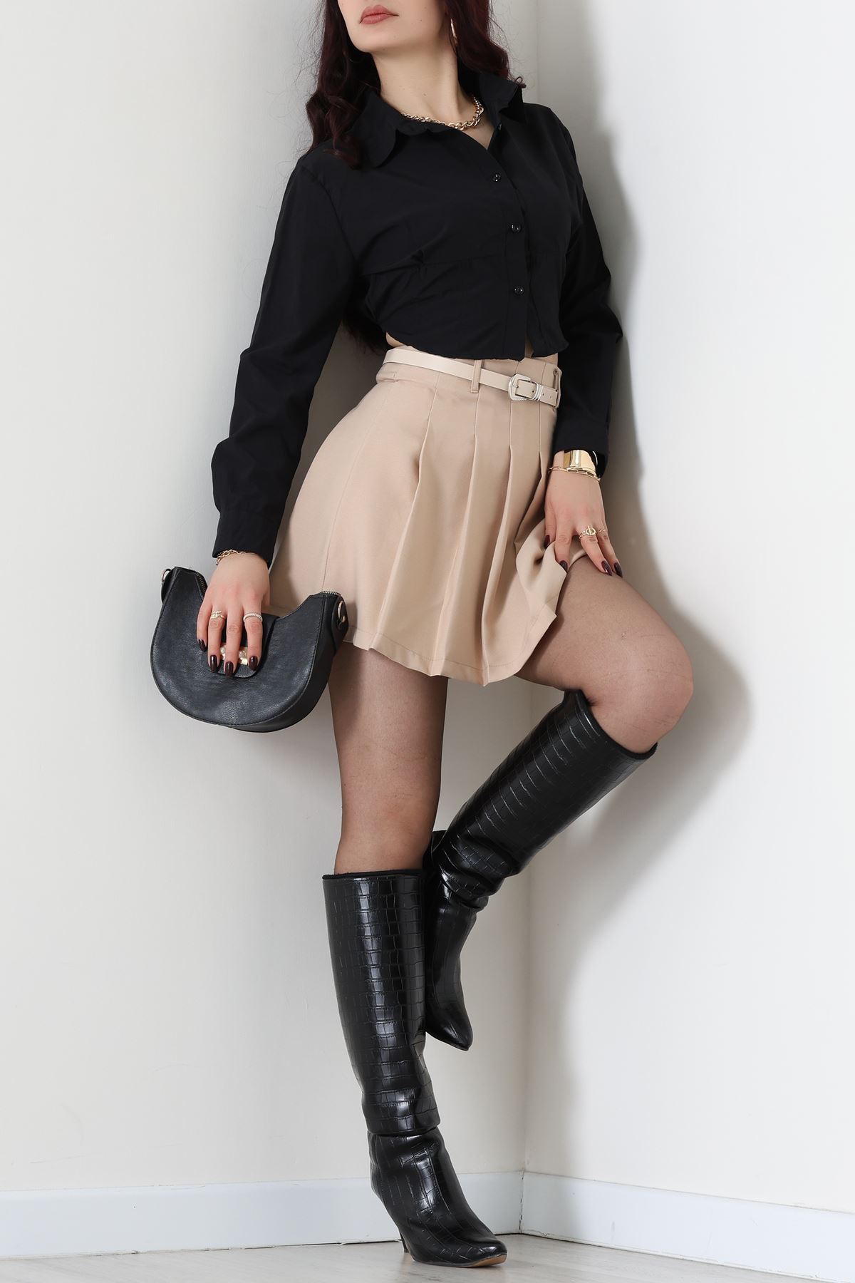 Double Kumaş Kemerli Pileli Etek Taş - 51236.1920.